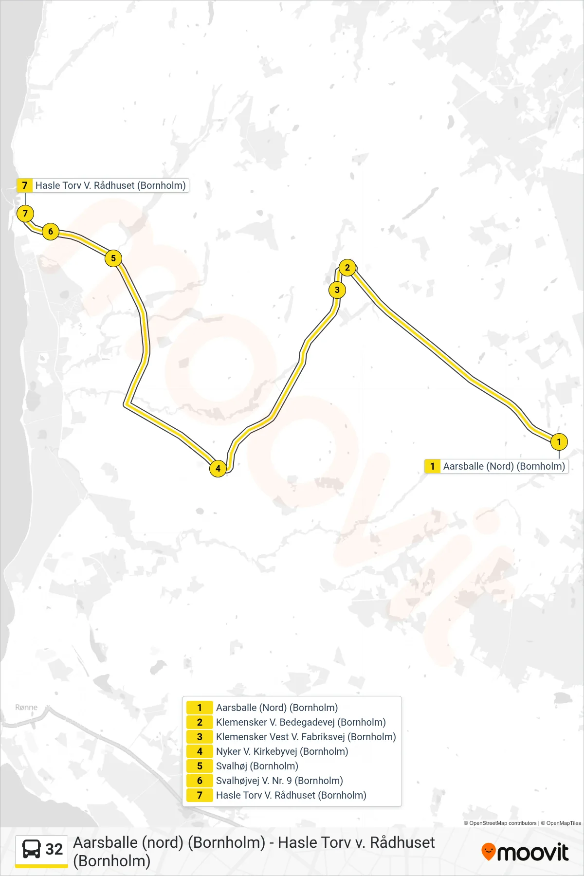 32 bus Line (Hasle Torv V. Rådhuset (Bornholm)) route and stops on a map