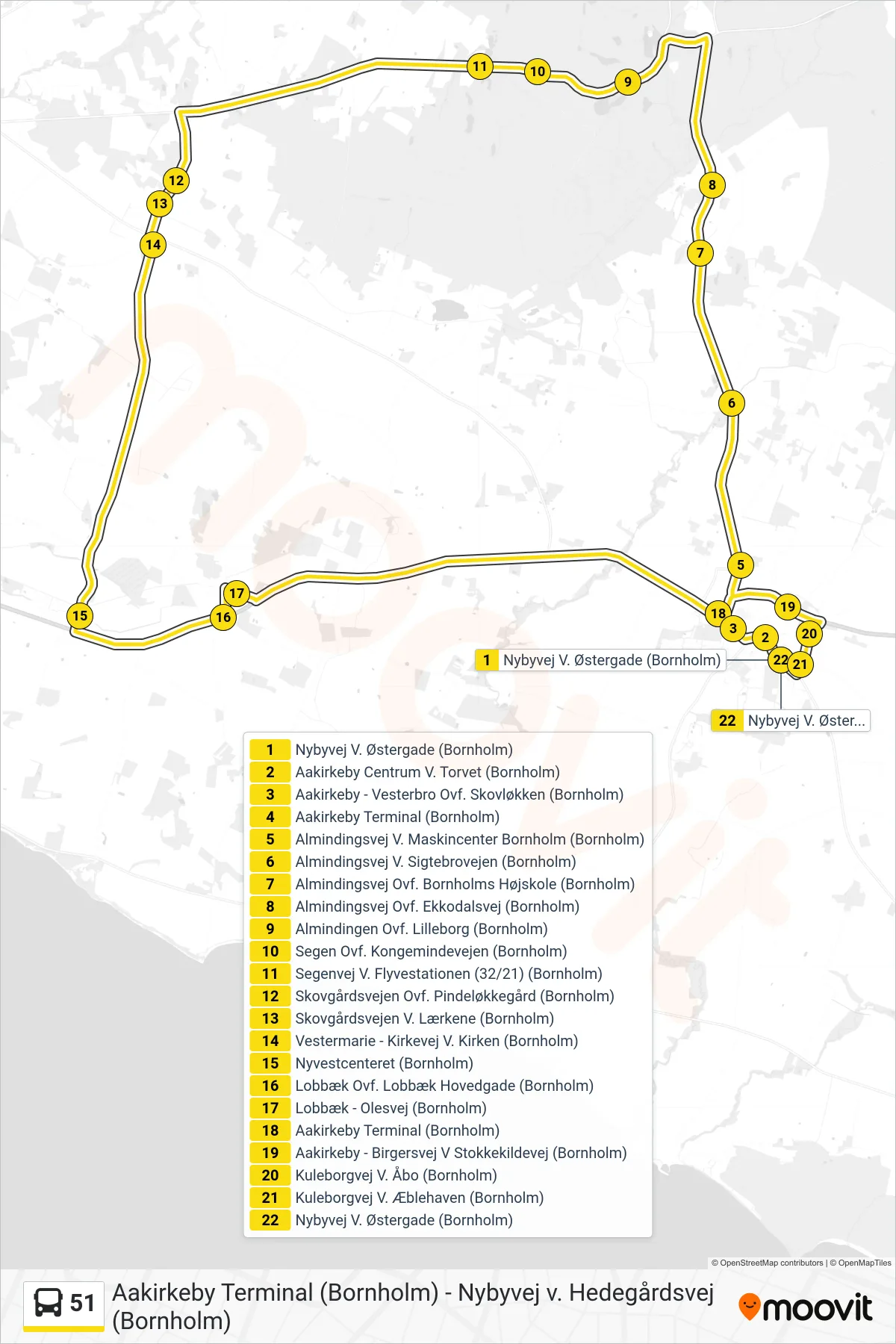 51 bus Linje (Nybyvej V. Østergade (Bornholm)) rute og stop på et kort