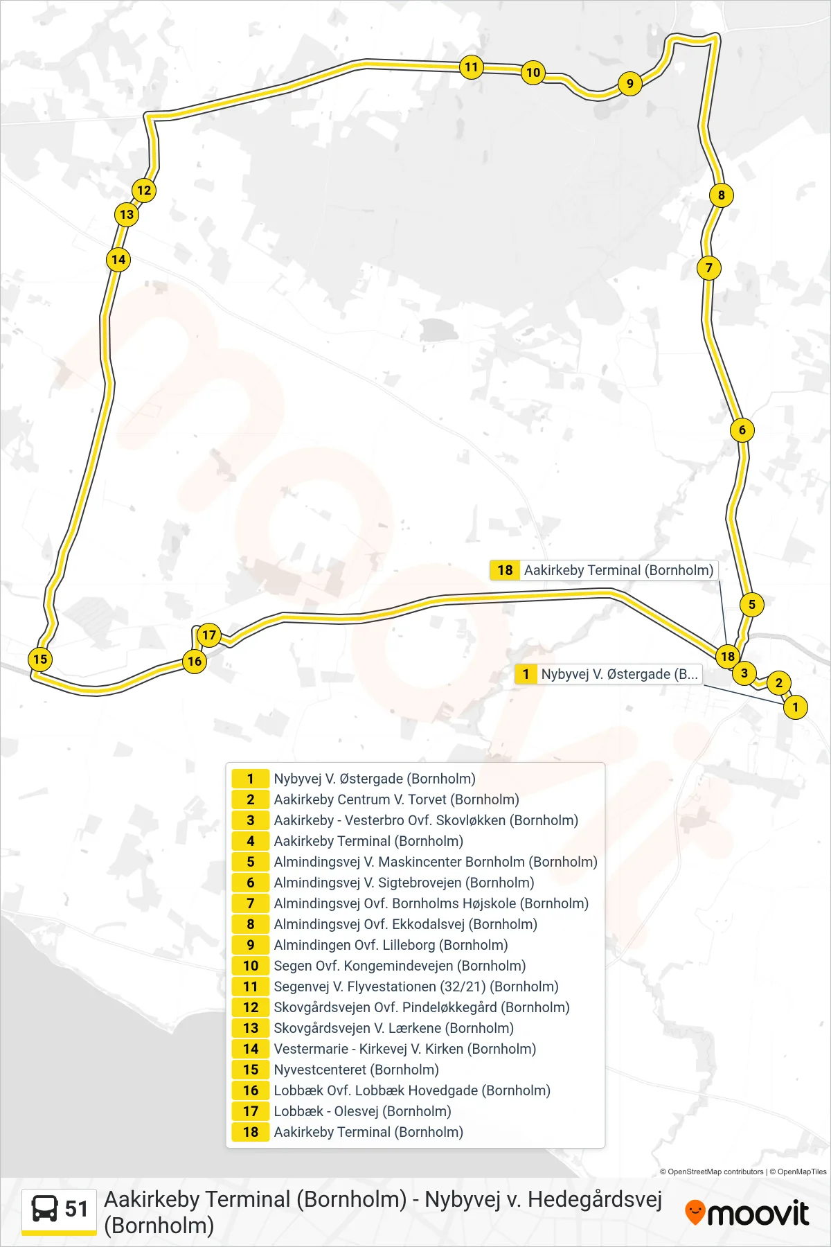 51 bus Linje (Aakirkeby Terminal (Bornholm)) rute og stop på et kort
