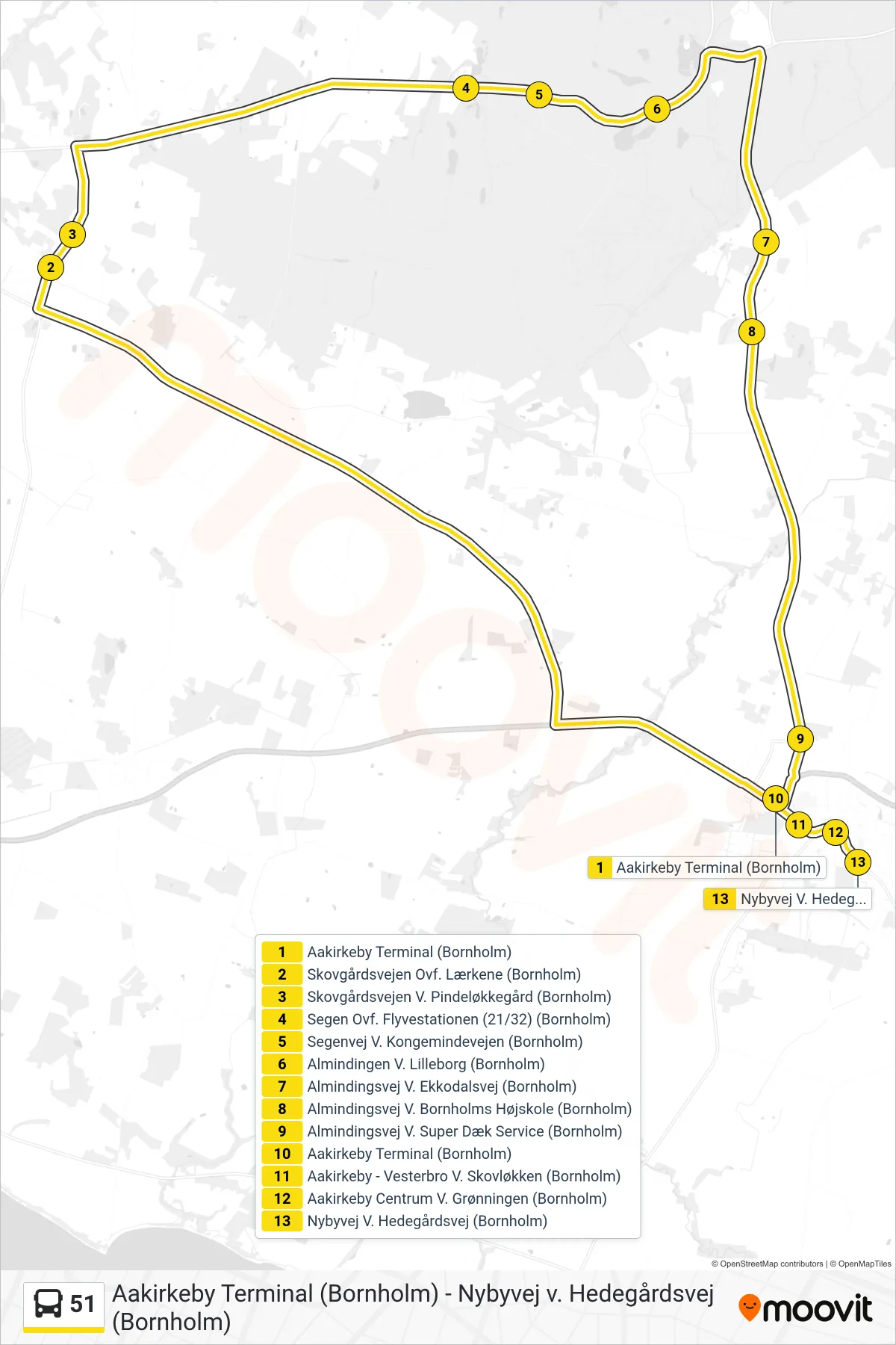 51 bus Linje (Nybyvej V. Hedegårdsvej (Bornholm)) rute og stop på et kort