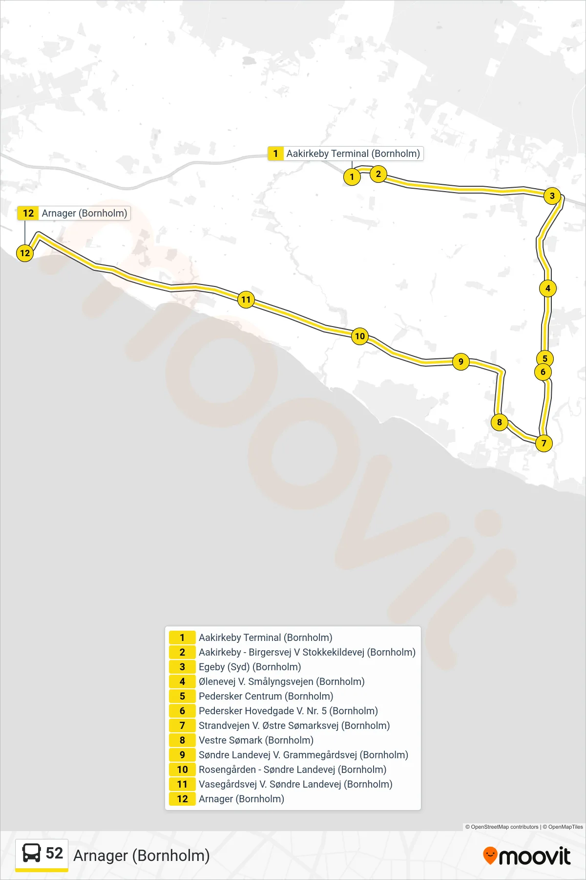 52 bus Linje (Arnager (Bornholm)) rute og stop på et kort