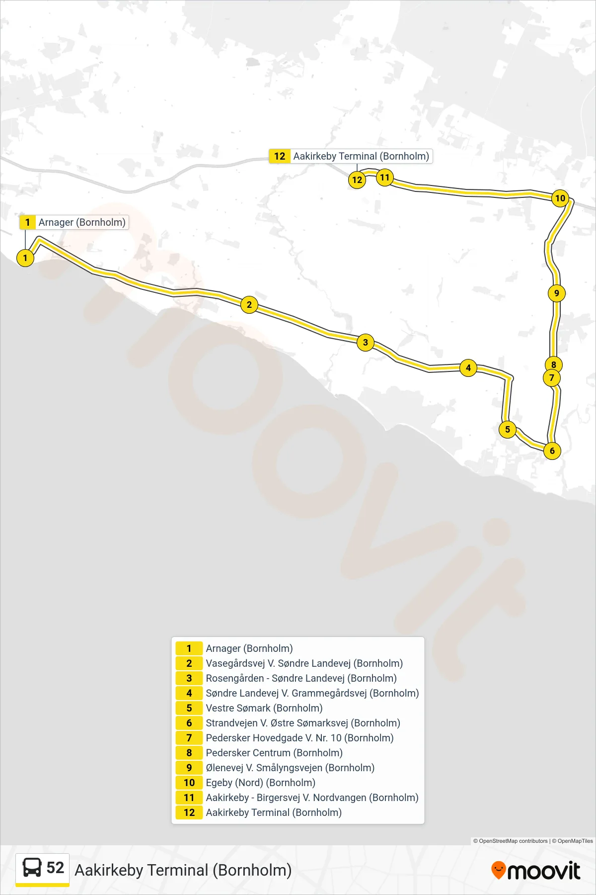 52 bus Linje (Aakirkeby Terminal (Bornholm)) rute og stop på et kort