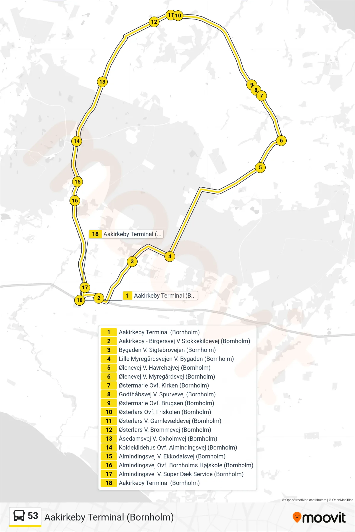 53 bus Linje (Aakirkeby Terminal (Bornholm)) rute og stop på et kort