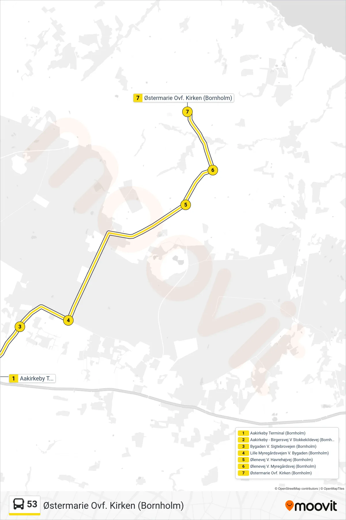 53 bus Linje (Østermarie Ovf. Kirken (Bornholm)) rute og stop på et kort