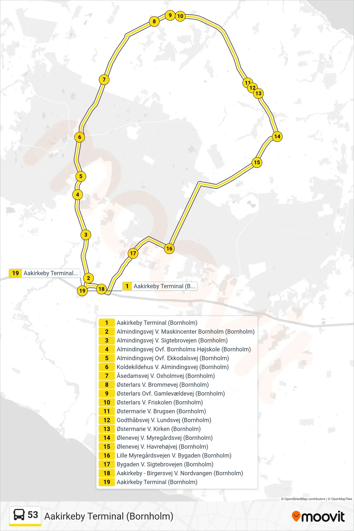 53 bus Linje (Aakirkeby Terminal (Bornholm)) rute og stop på et kort