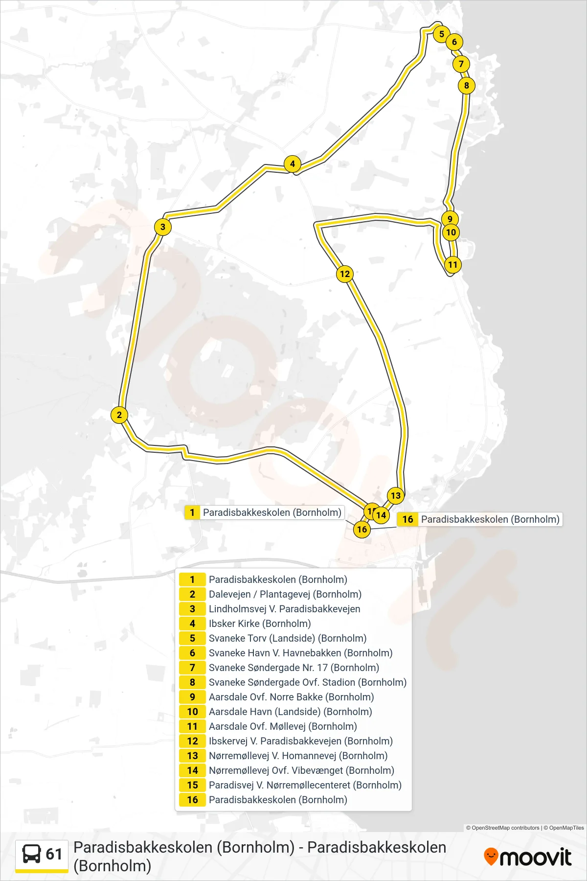 61 bus Linje (Paradisbakkeskolen (Bornholm)) rute og stop på et kort