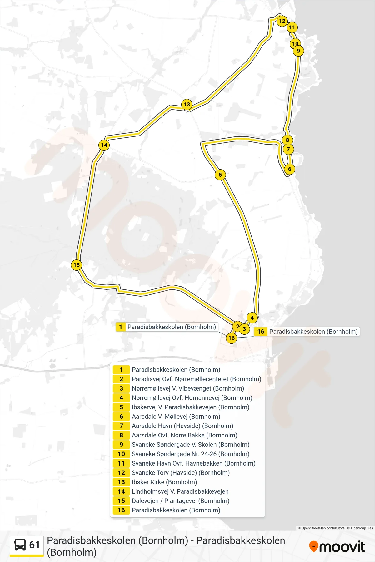 61 bus Linje (Paradisbakkeskolen (Bornholm)) rute og stop på et kort
