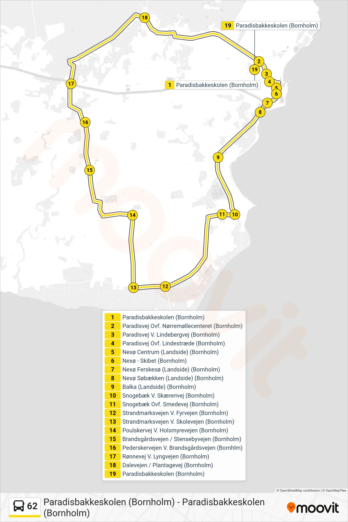 62 bus Linje (Paradisbakkeskolen (Bornholm)) rute og stop på et kort