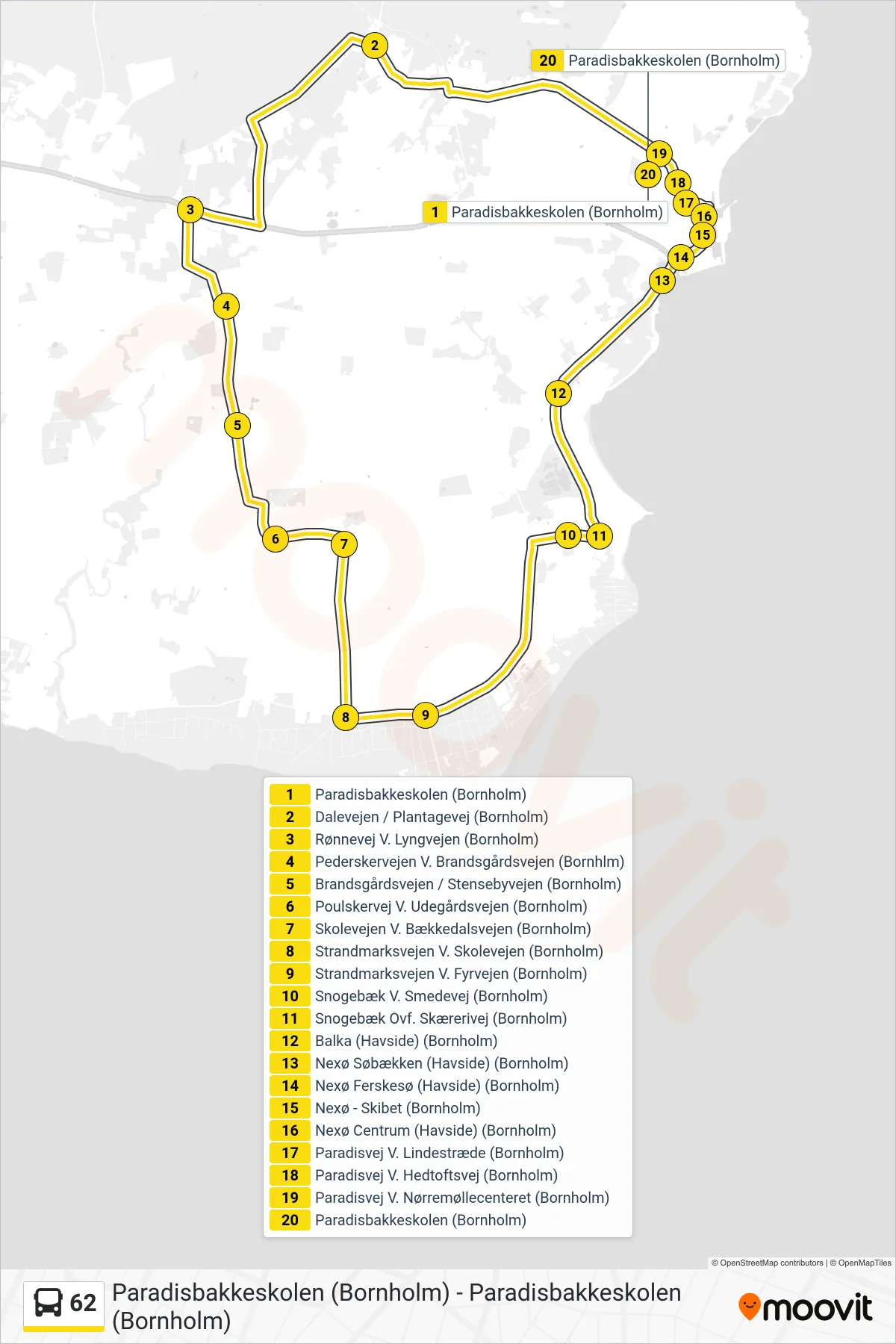 62 bus Linje (Paradisbakkeskolen (Bornholm)) rute og stop på et kort