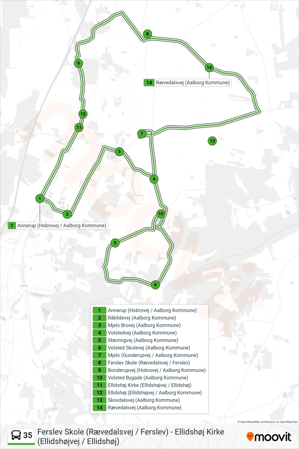 35 bus Linje (Ellidshøj Kirke (Ellidshøjvej / Ellidshøj)) rute og stop på et kort