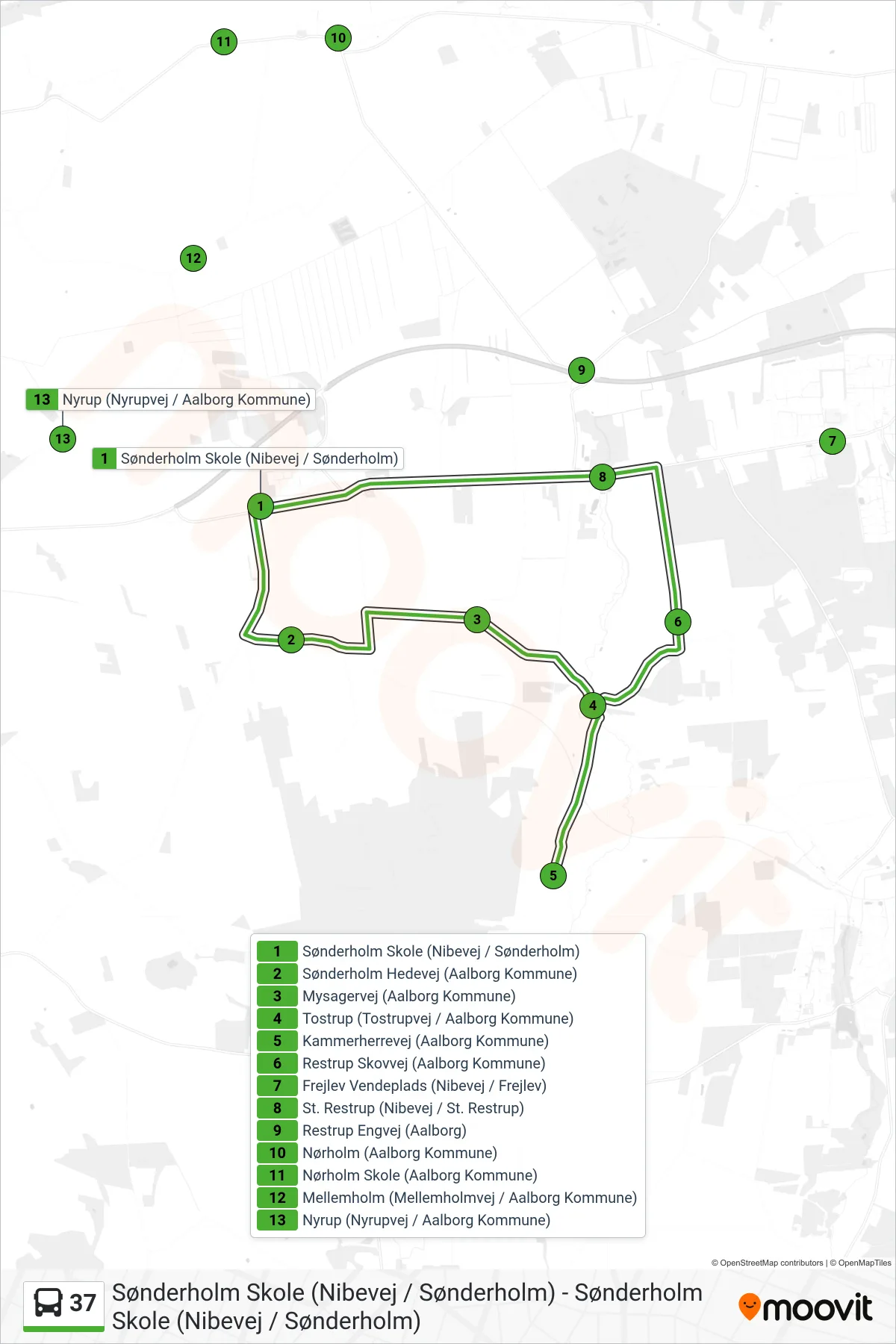 37 bus Linje (Sønderholm Skole (Nibevej / Sønderholm)) rute og stop på et kort