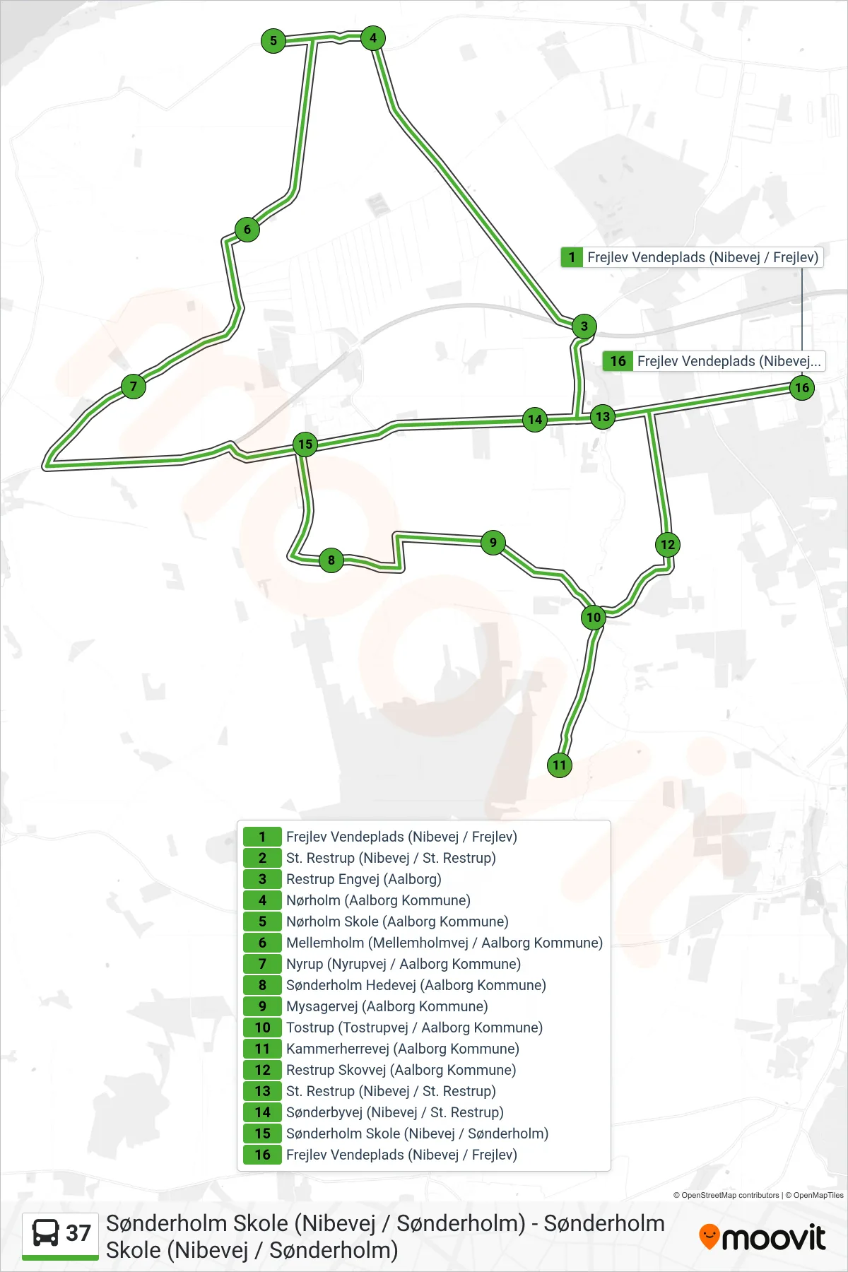 37 bus Linje (Frejlev Vendeplads (Nibevej / Frejlev)) rute og stop på et kort