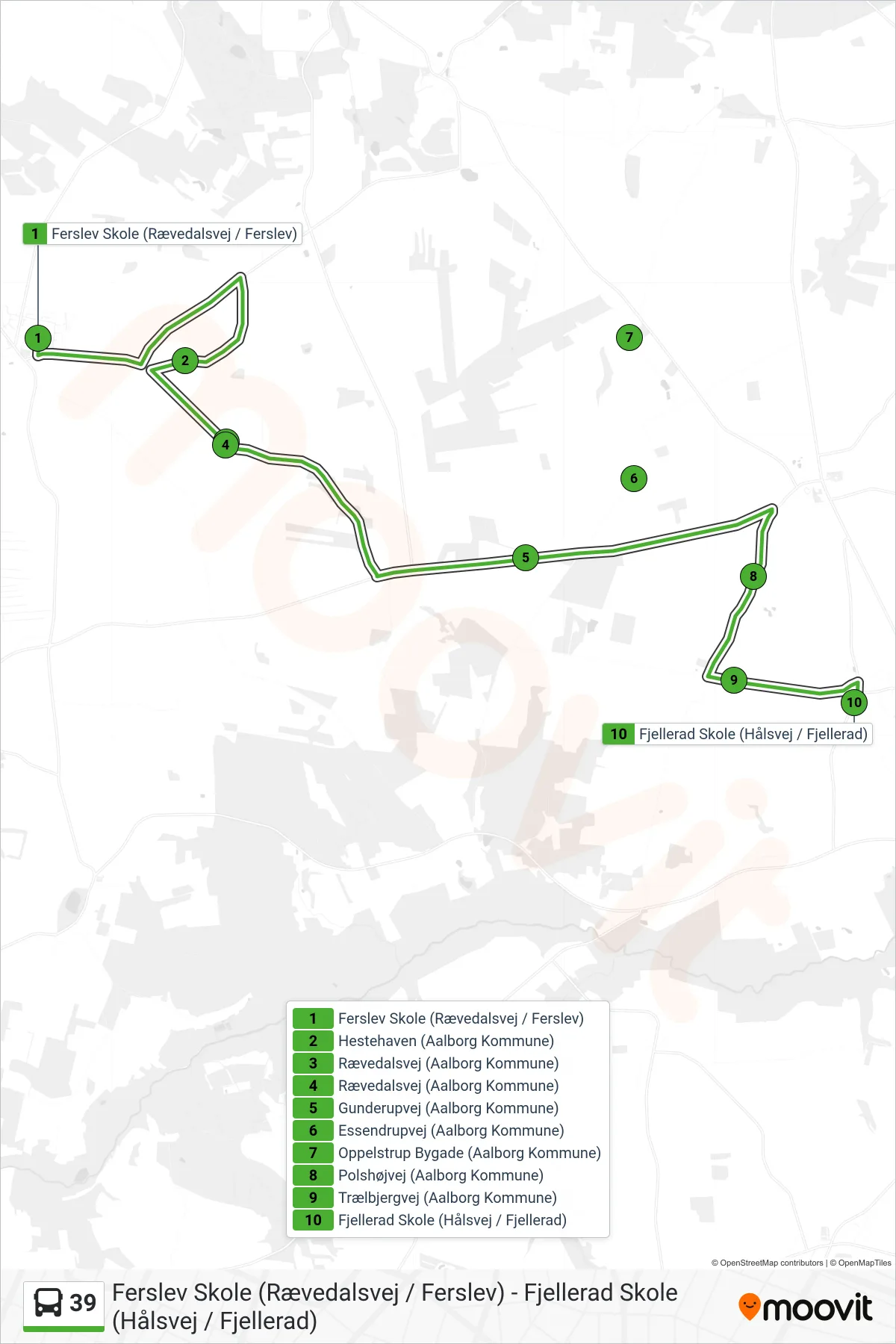 39 bus Linje (Fjellerad Skole (Hålsvej / Fjellerad)) rute og stop på et kort