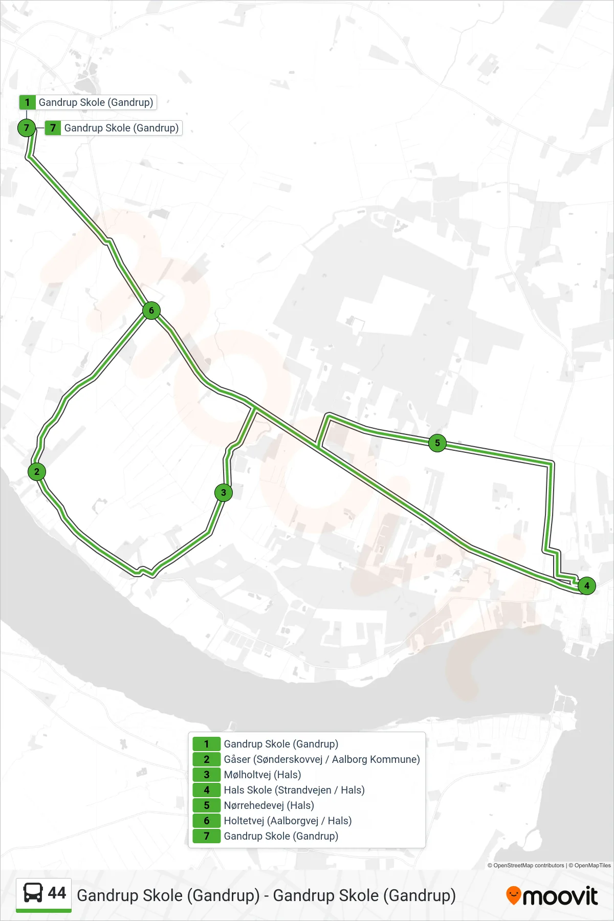 44 bus Linje (Gandrup Skole (Gandrup)) rute og stop på et kort