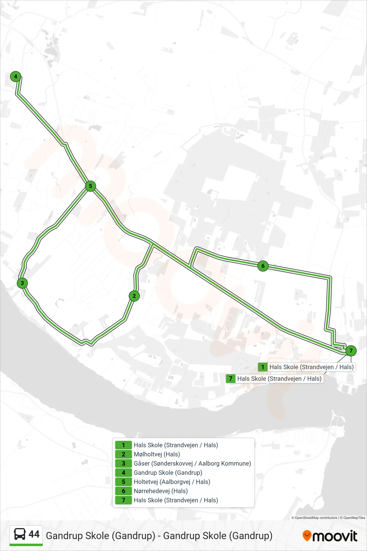44 bus Linje (Hals Skole (Strandvejen / Hals)) rute og stop på et kort