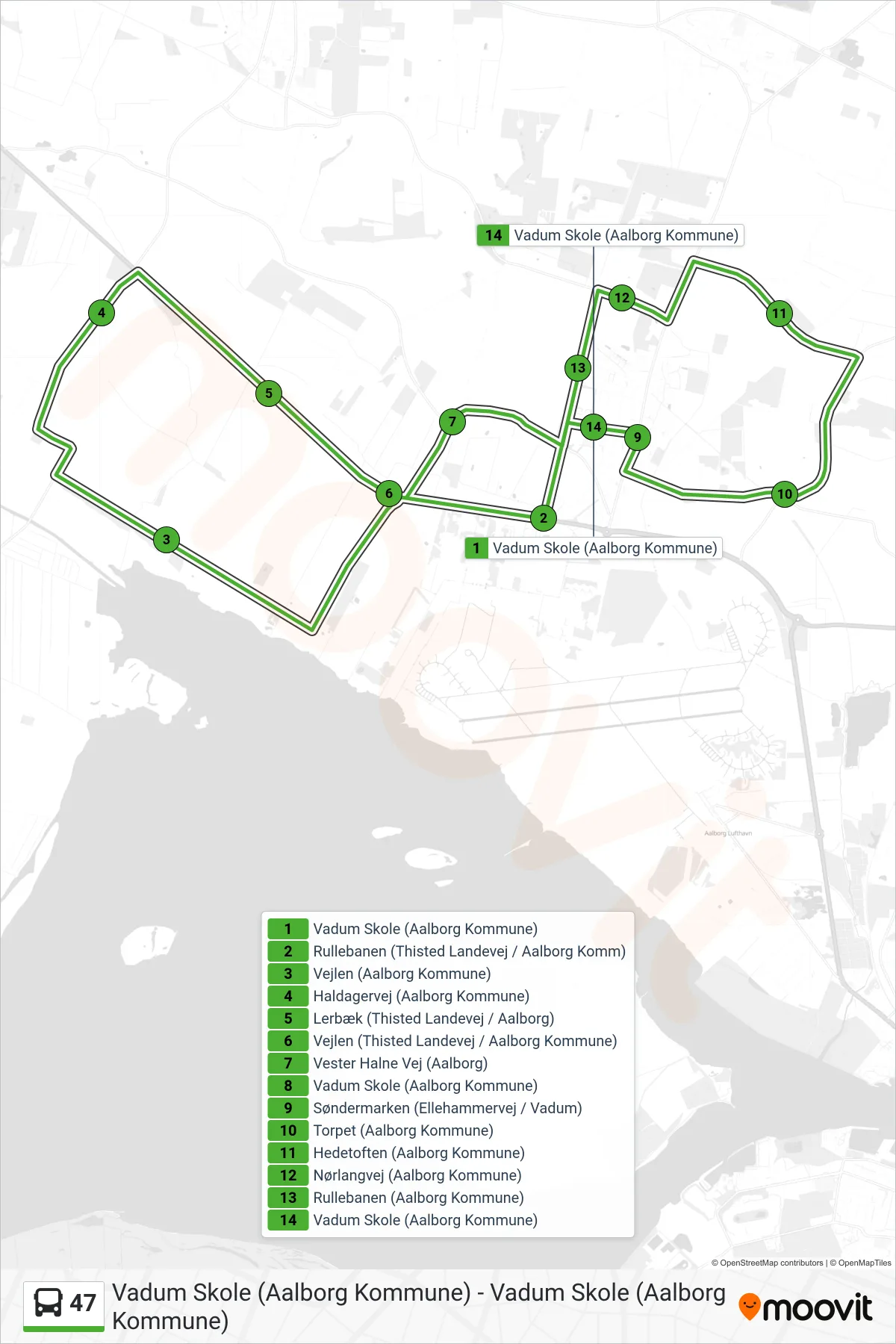 47 bus Linje (Vadum Skole (Aalborg Kommune)) rute og stop på et kort