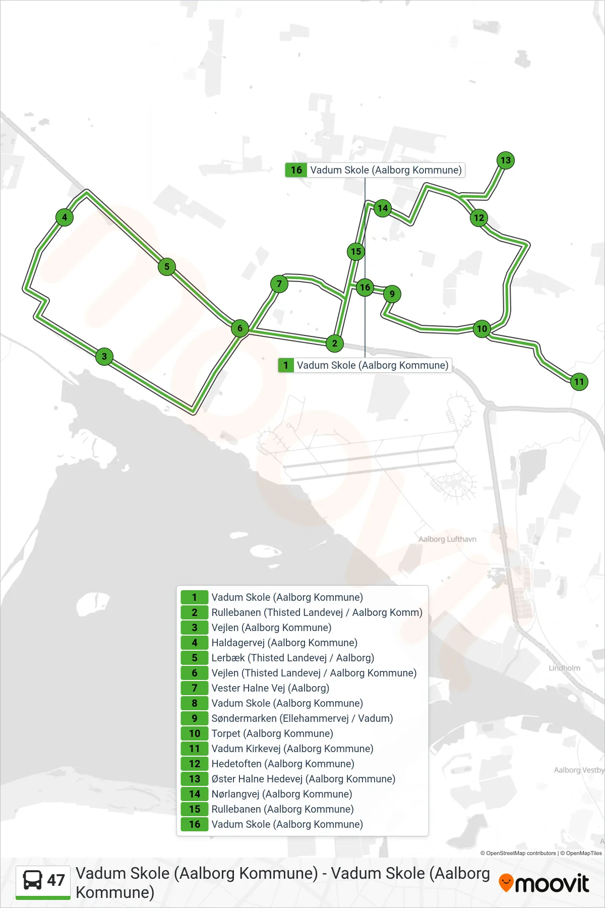 47 bus Linje (Vadum Skole (Aalborg Kommune)) rute og stop på et kort