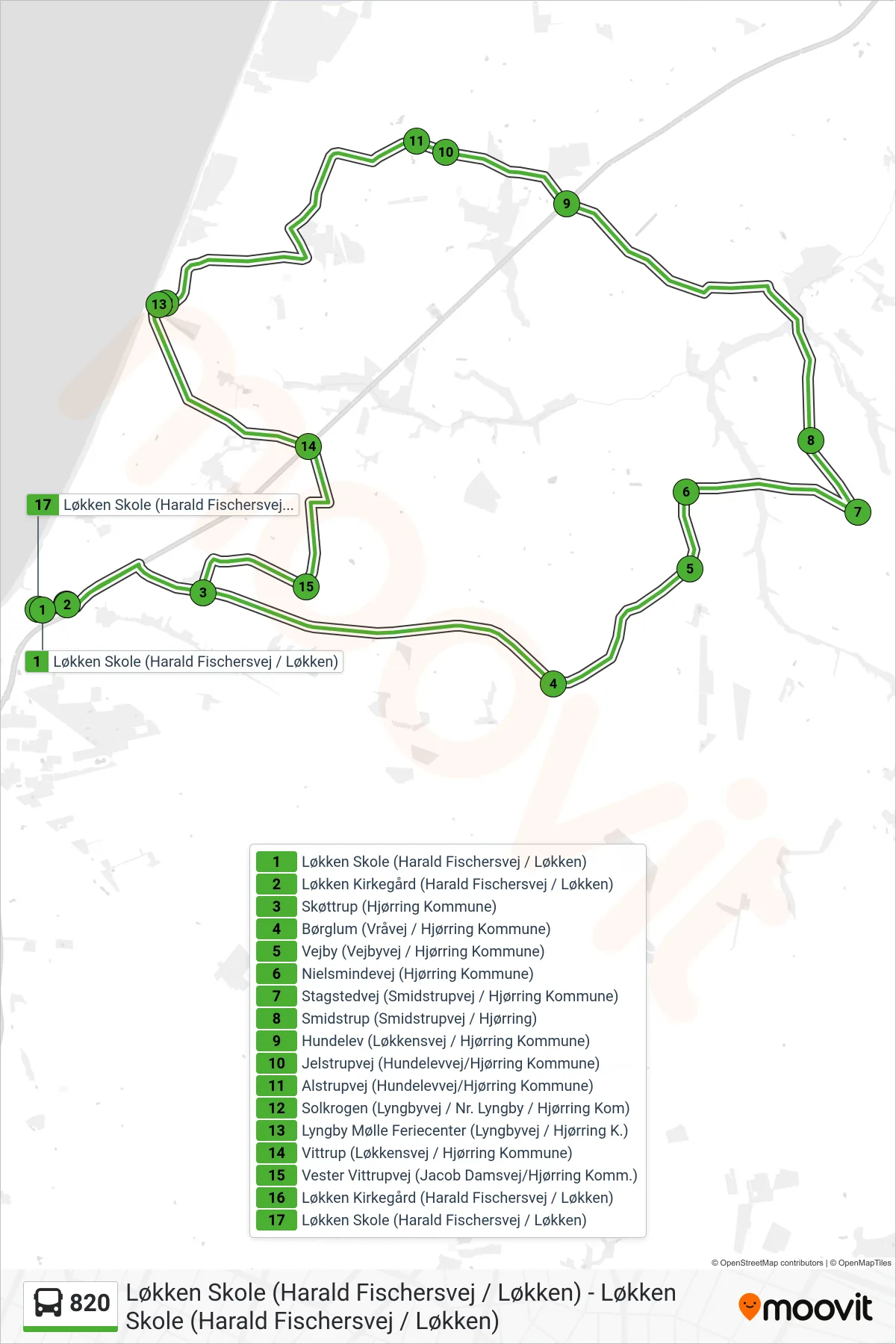 820 bus Linje (Løkken Skole (Harald Fischersvej / Løkken)) rute og stop på et kort