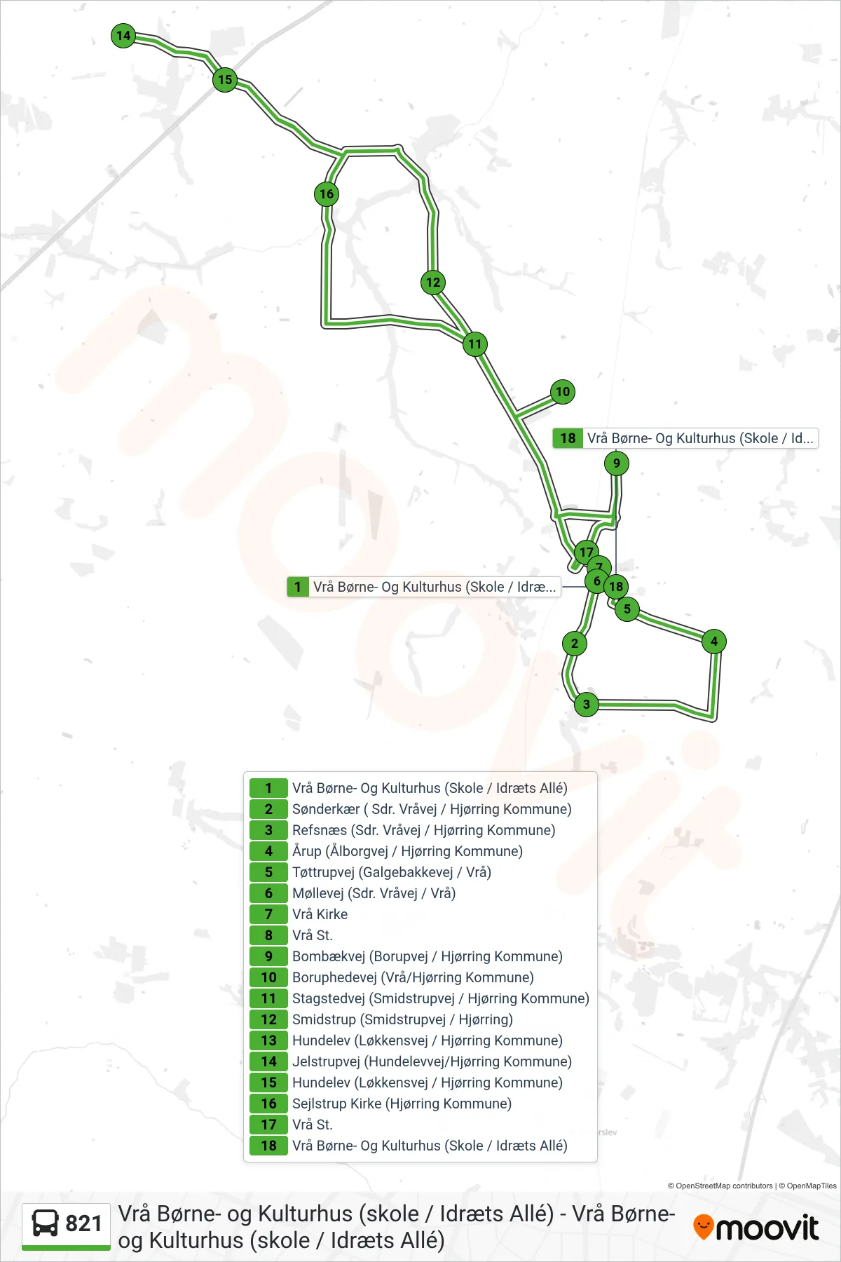 821 bus Linje (Vrå Børne- Og Kulturhus (Skole / Idræts Allé)) rute og stop på et kort