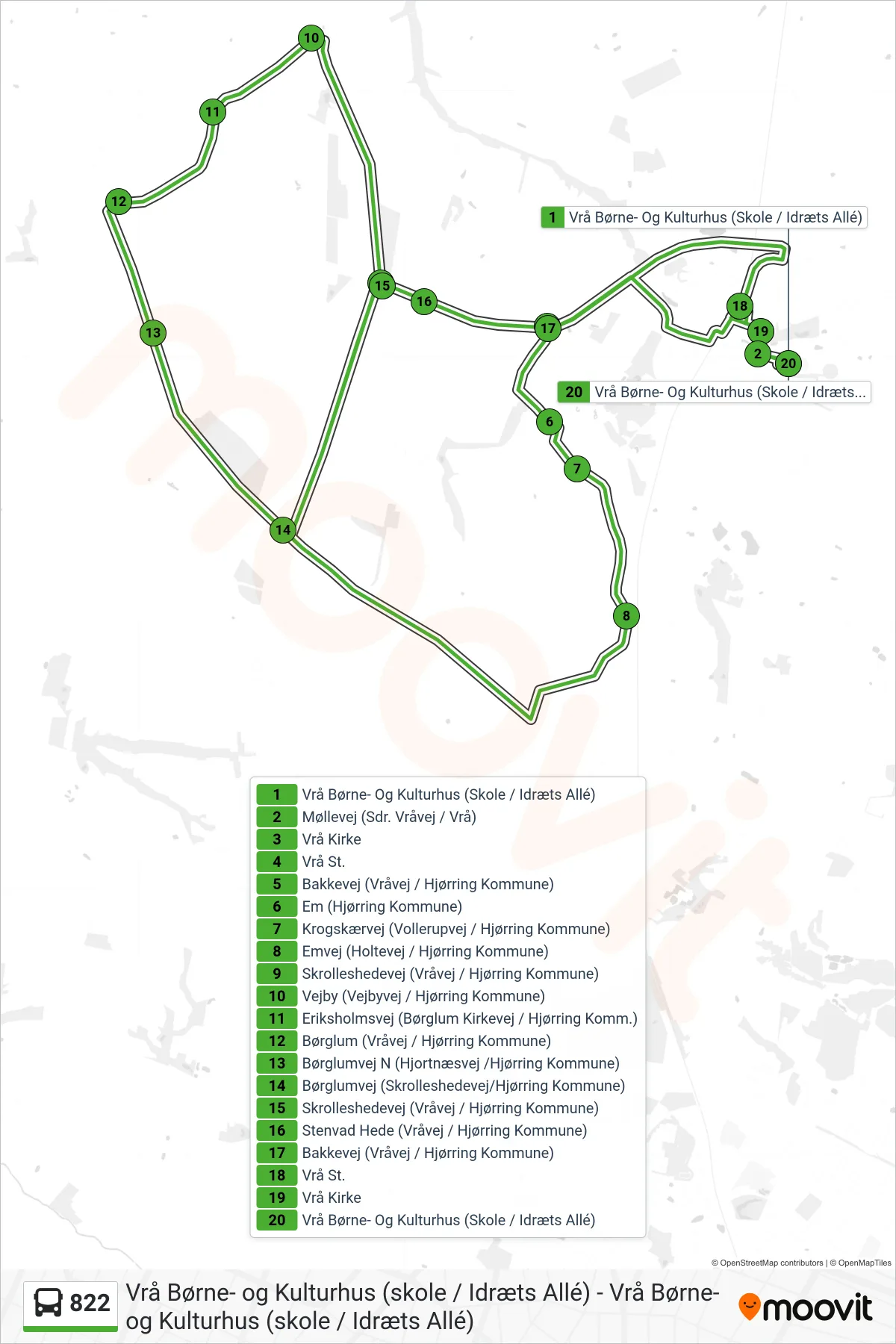 822 bus Linje (Vrå Børne- Og Kulturhus (Skole / Idræts Allé)) rute og stop på et kort