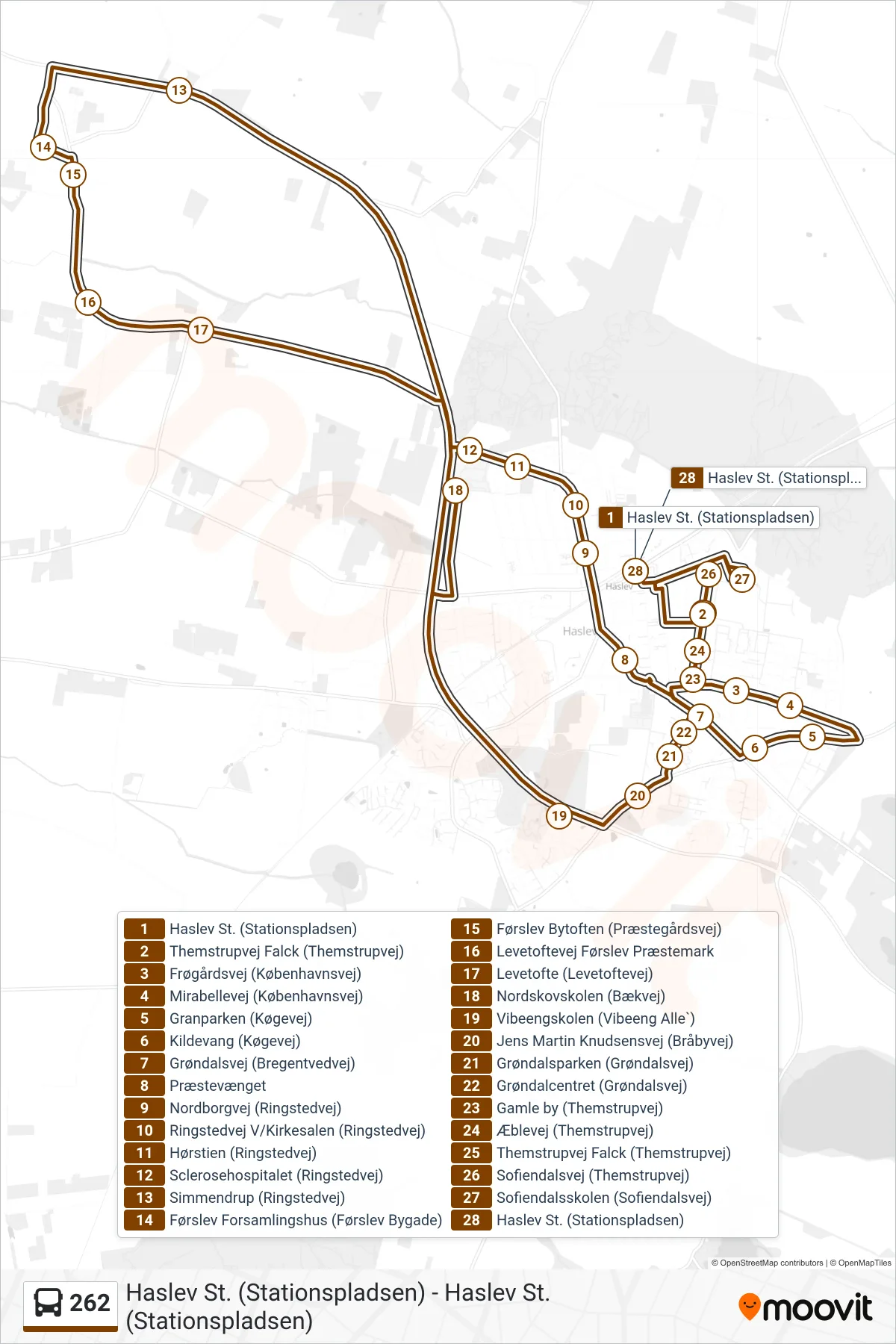 262 bus Linje (Haslev St.) rute og stop på et kort