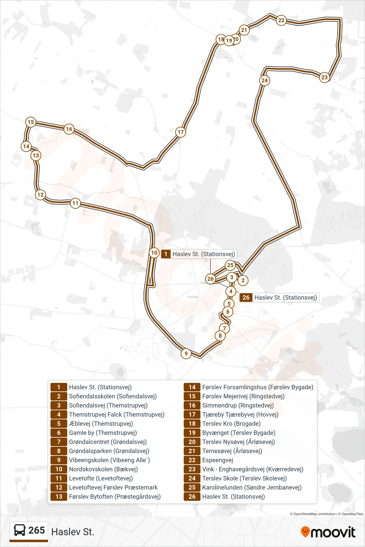 265 bus Linje (Haslev St.) rute og stop på et kort