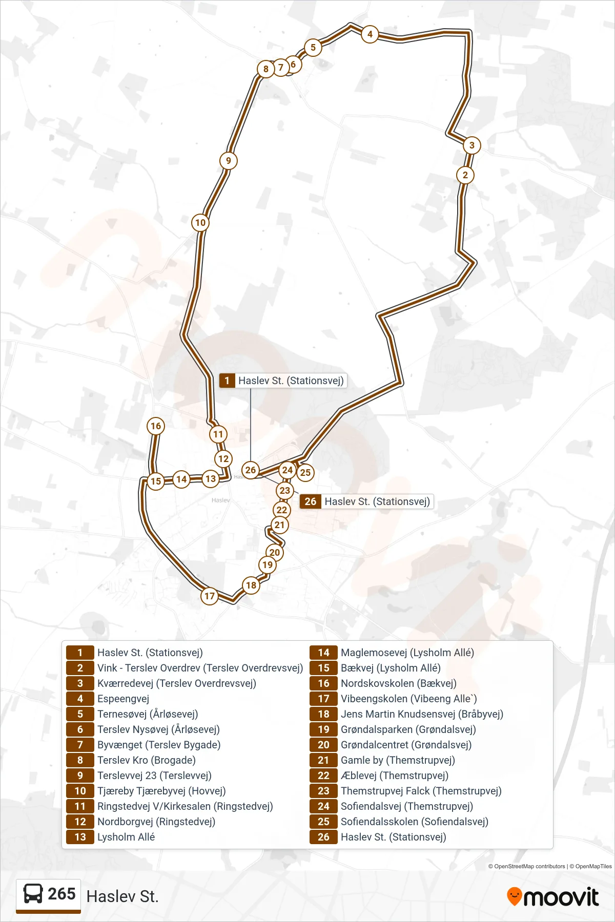 265 bus Linje (Haslev St.) rute og stop på et kort