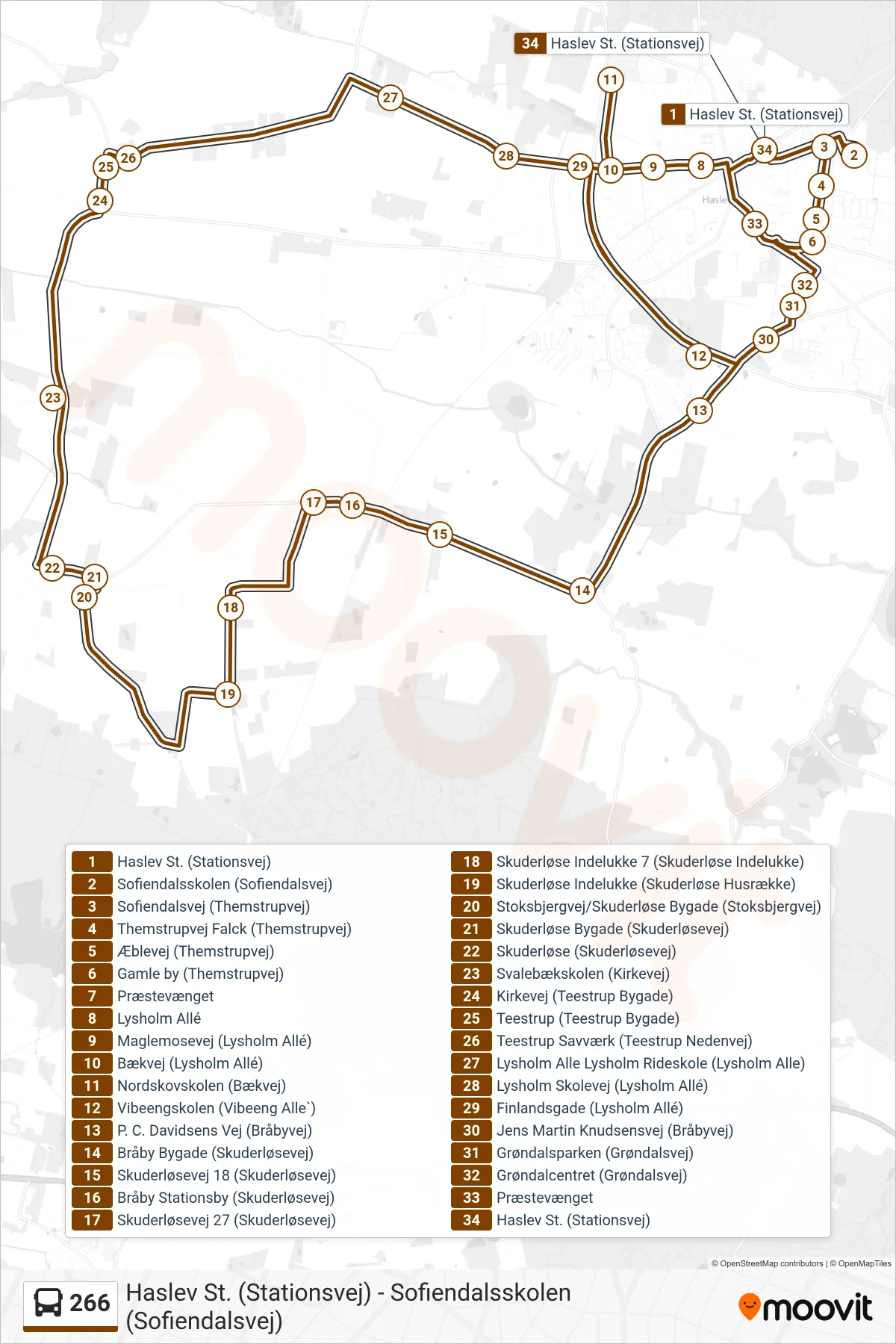 266 bus Linje (Haslev St.) rute og stop på et kort