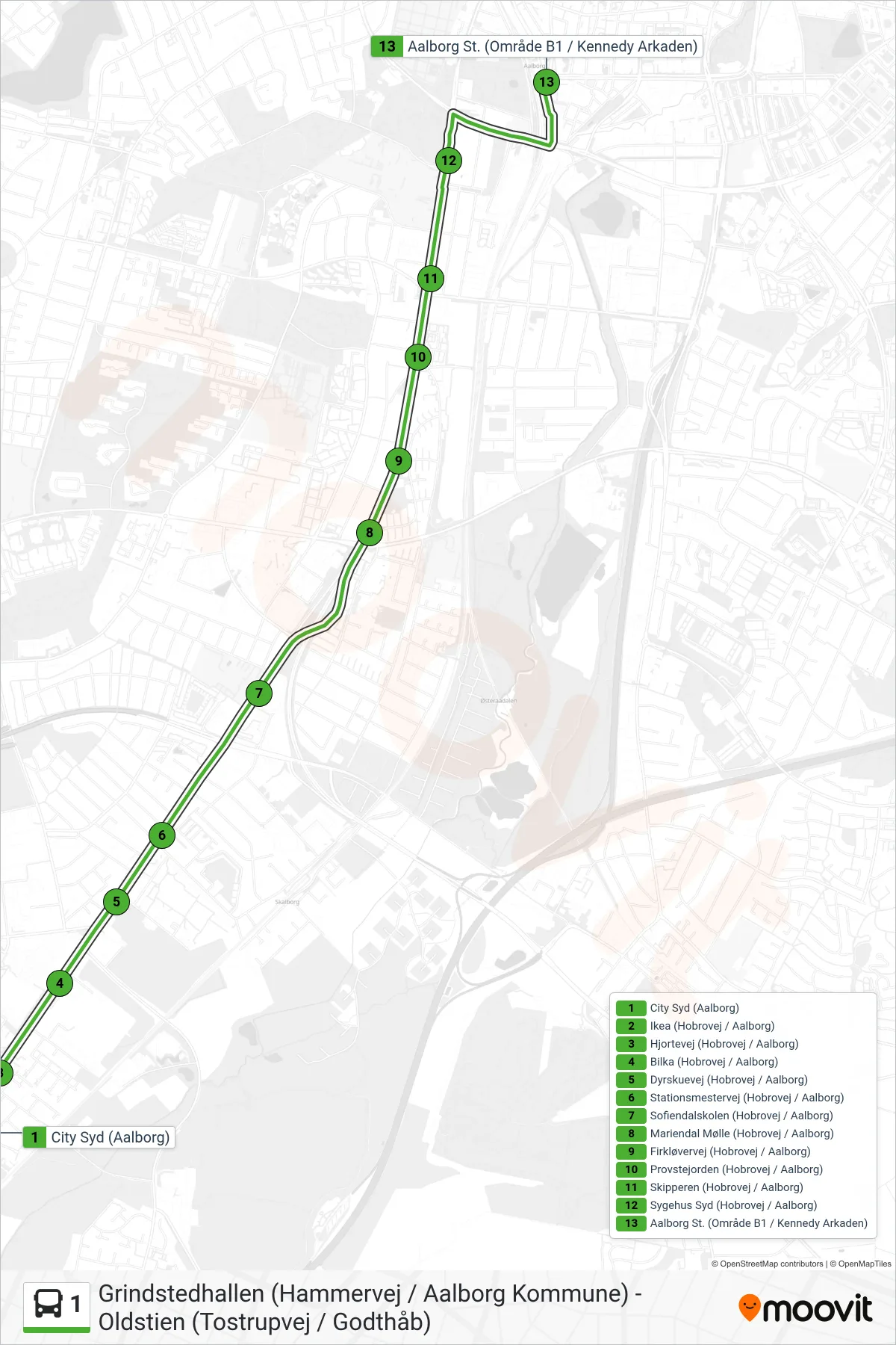 1 bus Linje (Aalborg St. (Område B1 / Kennedy Arkaden)) rute og stop på et kort