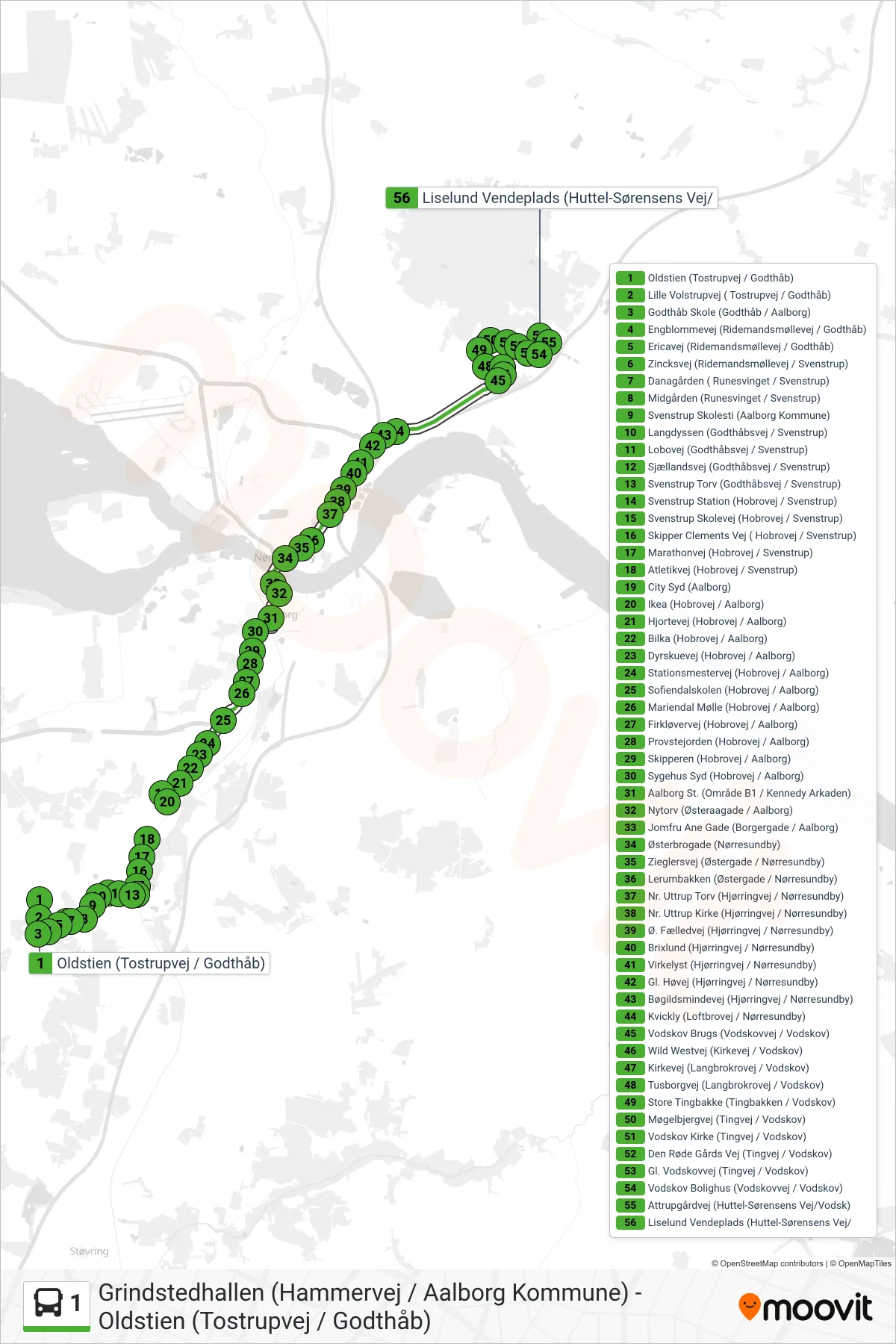 1 bus Linje (Vodskov) rute og stop på et kort