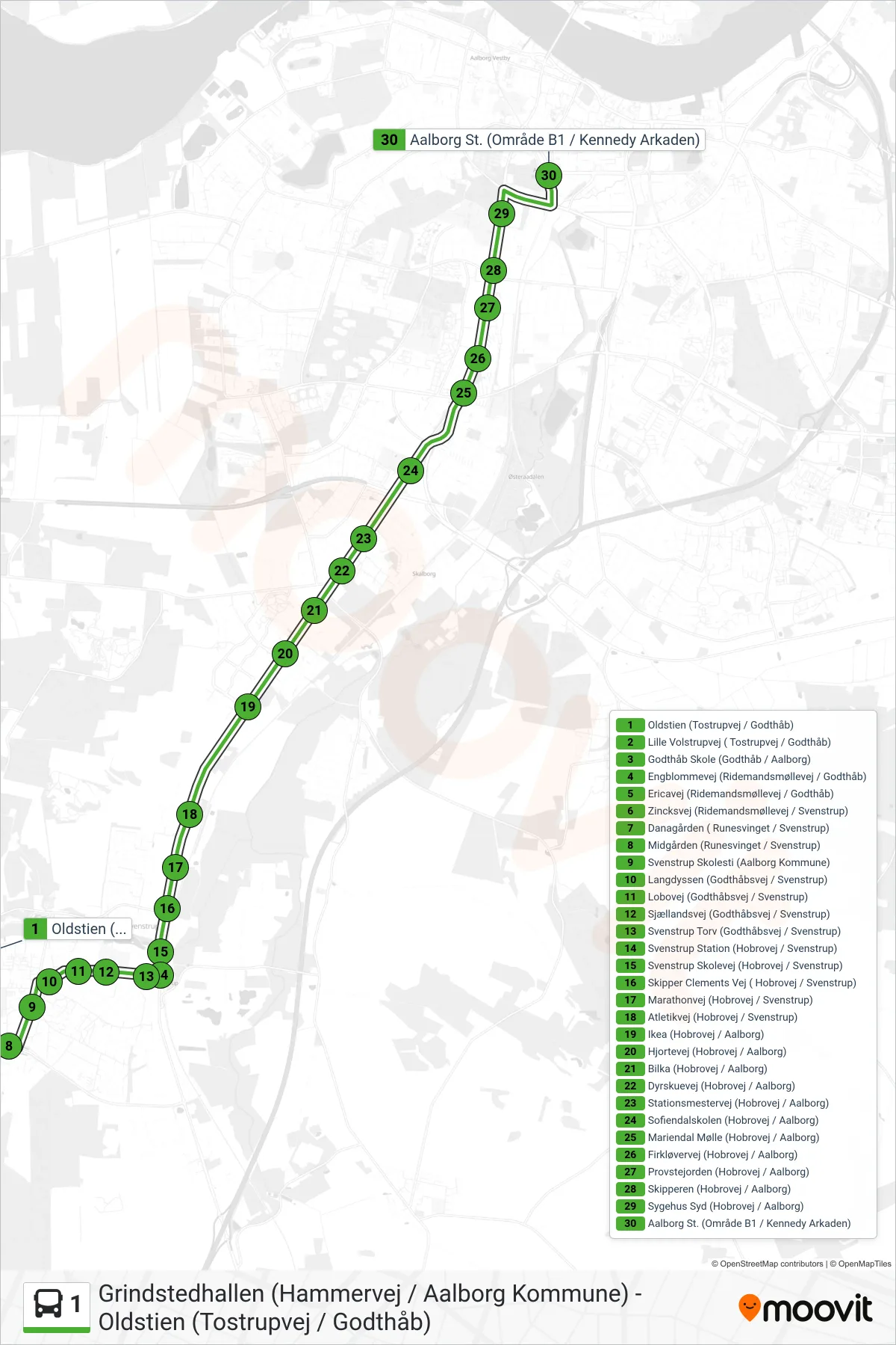 1 bus Linje (Aalborg St.) rute og stop på et kort