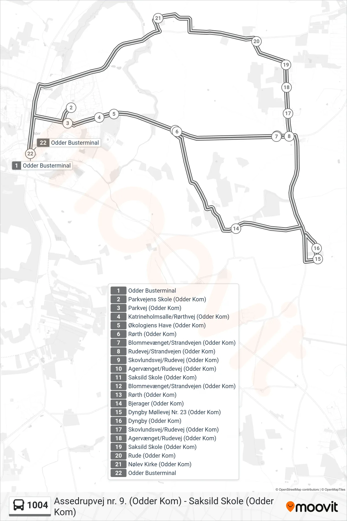 1004 bus Linje (Odder Busterminal) rute og stop på et kort