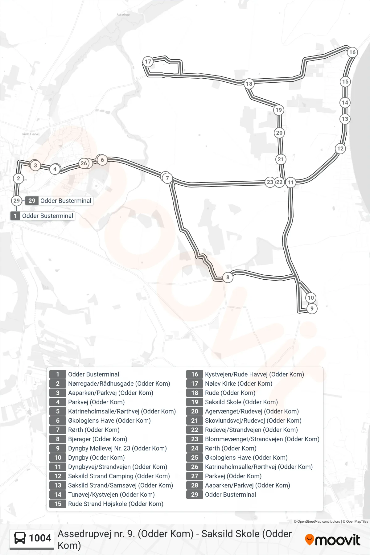 1004 bus Linje (Odder Busterminal) rute og stop på et kort