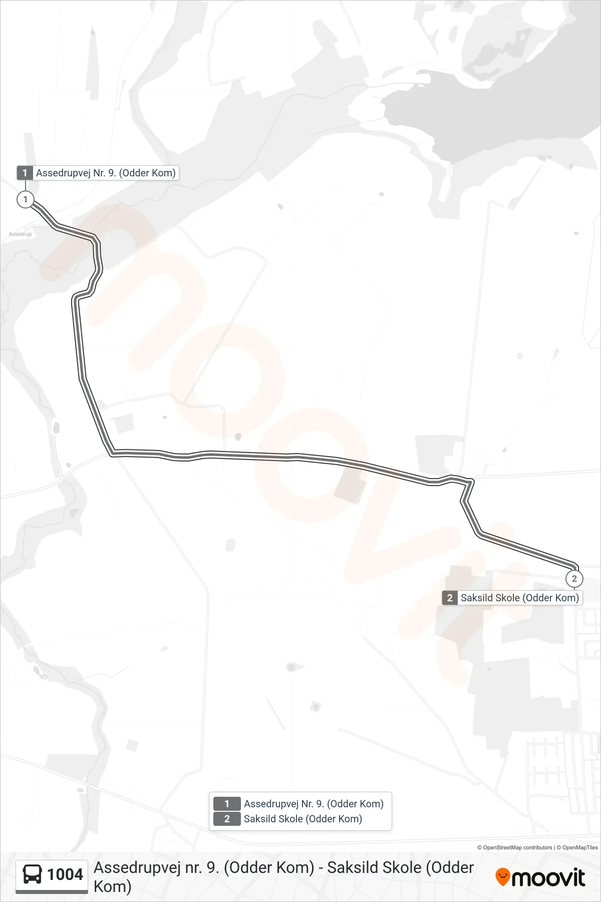 1004 bus Linje (Saksild Skole) rute og stop på et kort