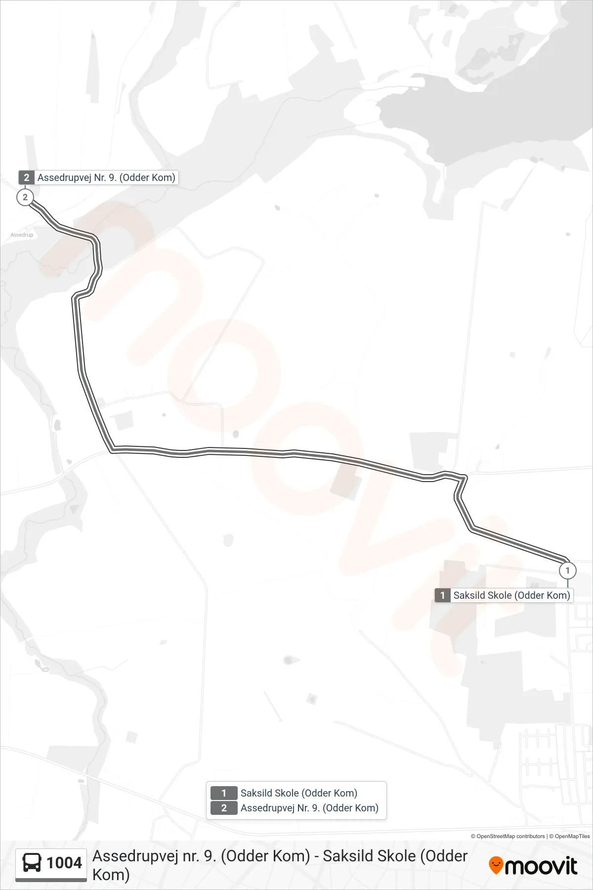 1004 bus Linje (Assedrupvej Nr. 9. (Odder Kom)) rute og stop på et kort