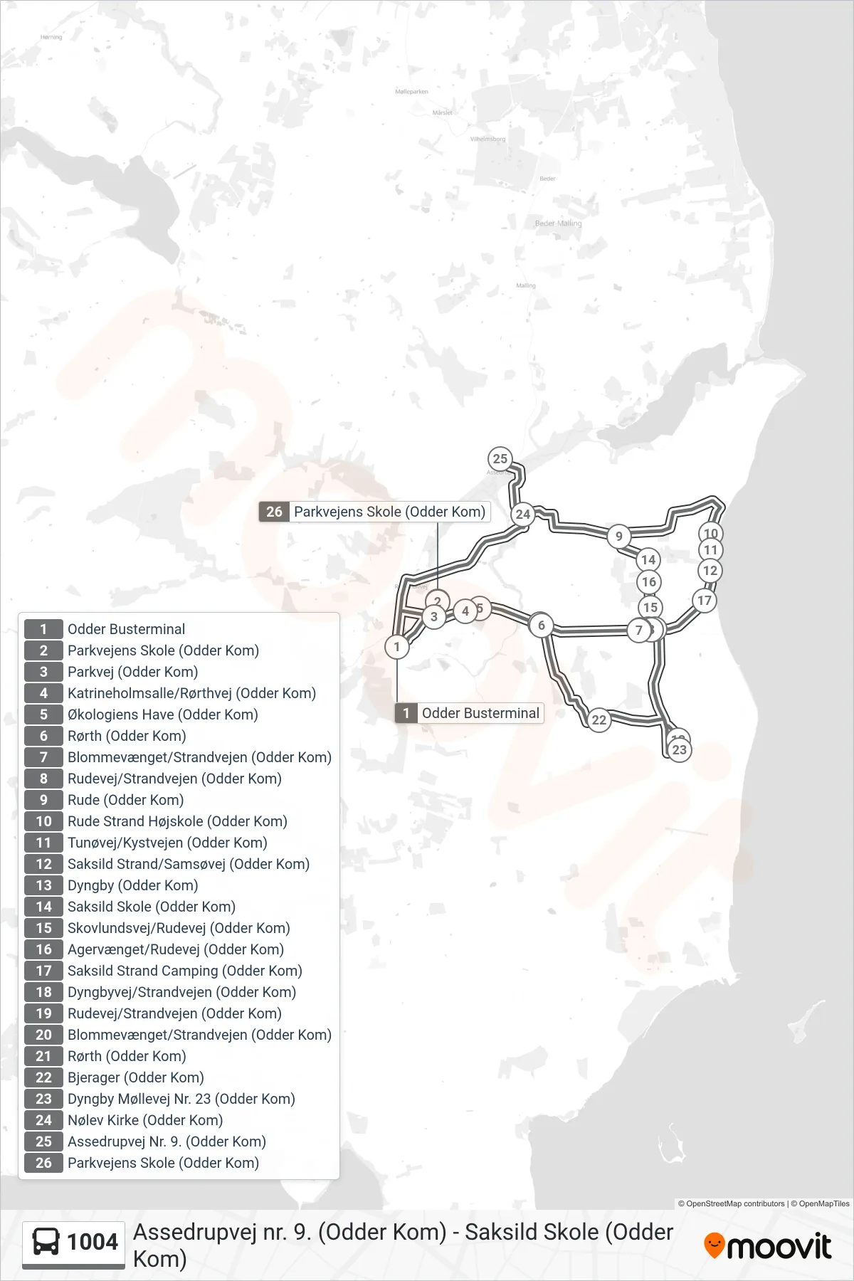 1004 bus Line (Parkvejens Skole (Odder Kom)) route and stops on a map