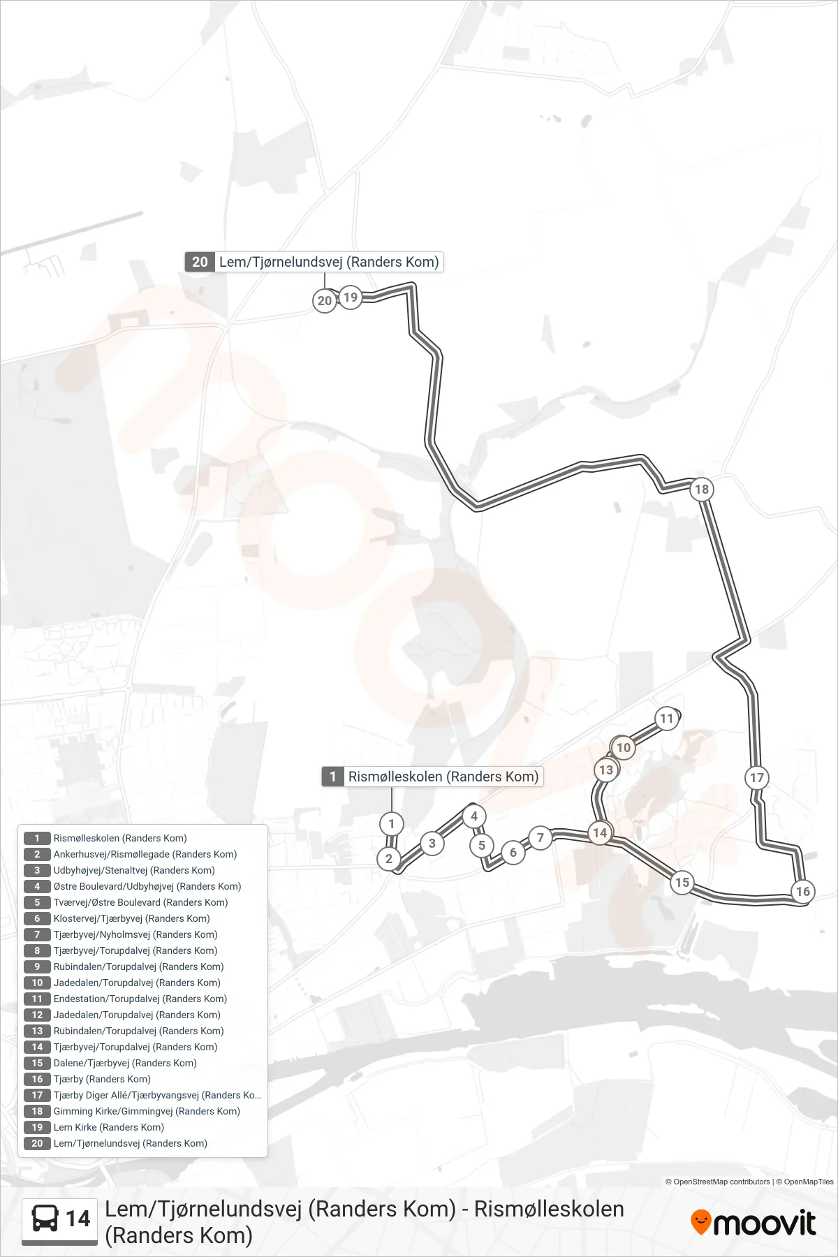 14 bus Line (Lem/Tjørnelundsvej) route and stops on a map
