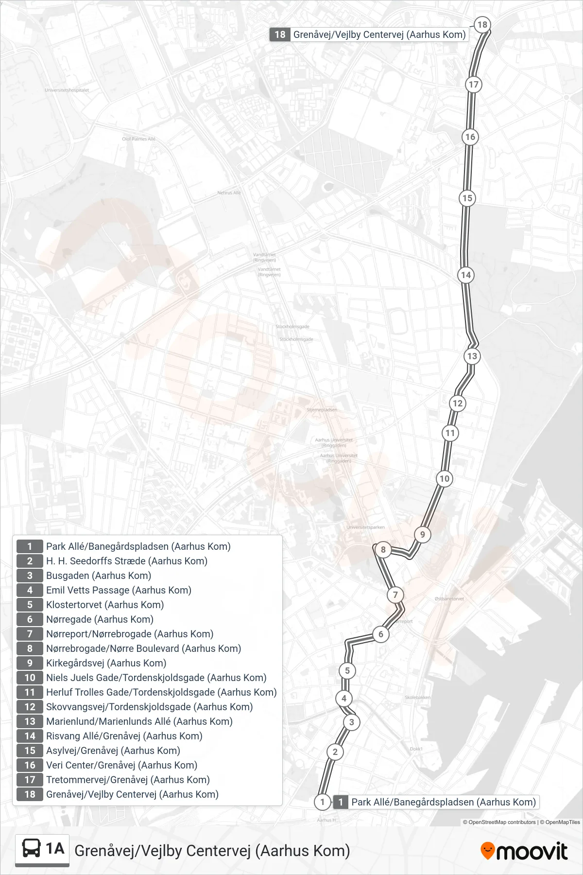 1A bus Linje (Grenåvej/Vejlby Centervej (Aarhus Kom)) rute og stop på et kort