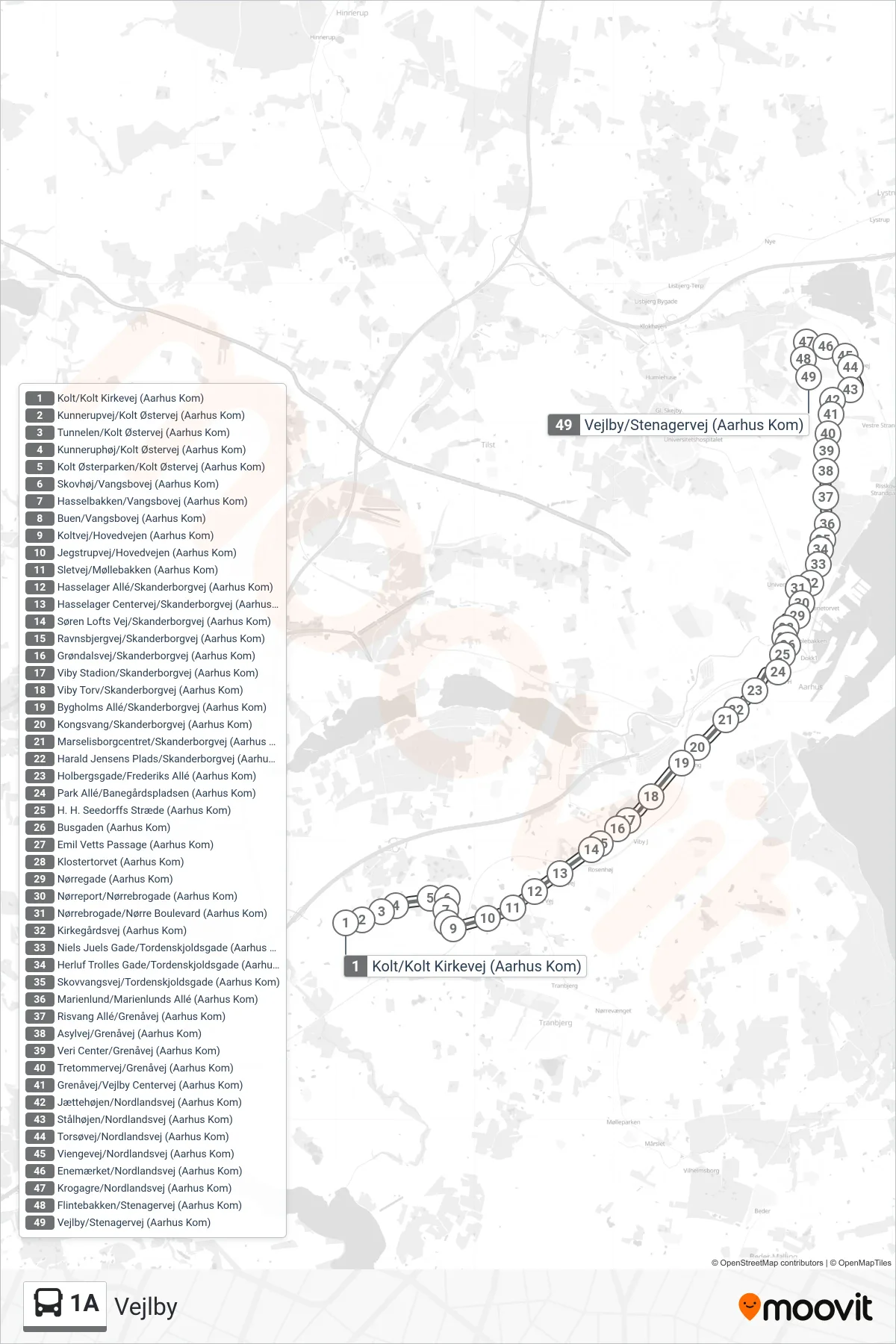 1A bus Linje (Vejlby) rute og stop på et kort