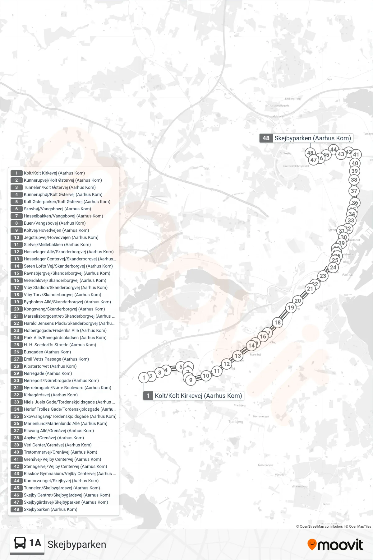 1A bus Line (Skejbyparken) route and stops on a map