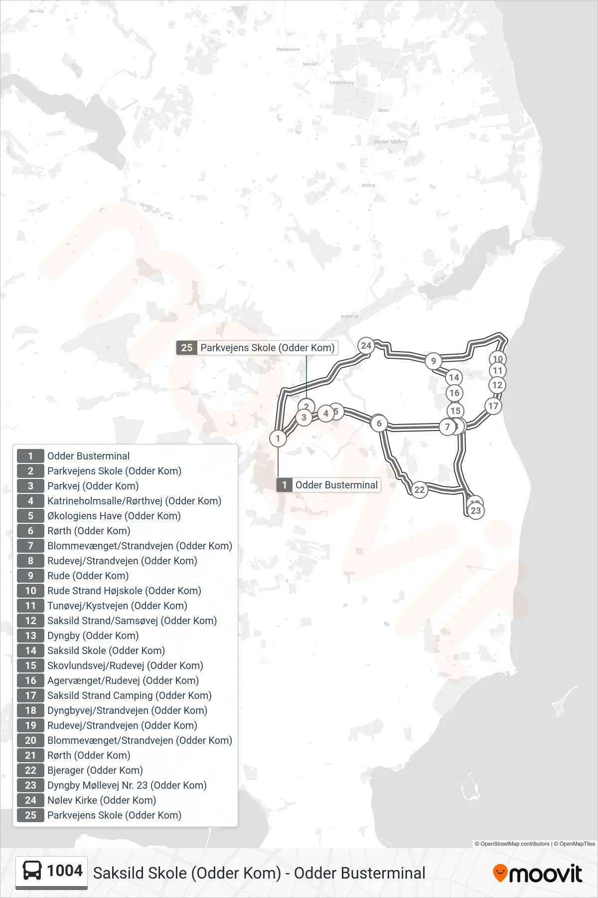 1004 bus Line (Parkvejens Skole (Odder Kom)) route and stops on a map