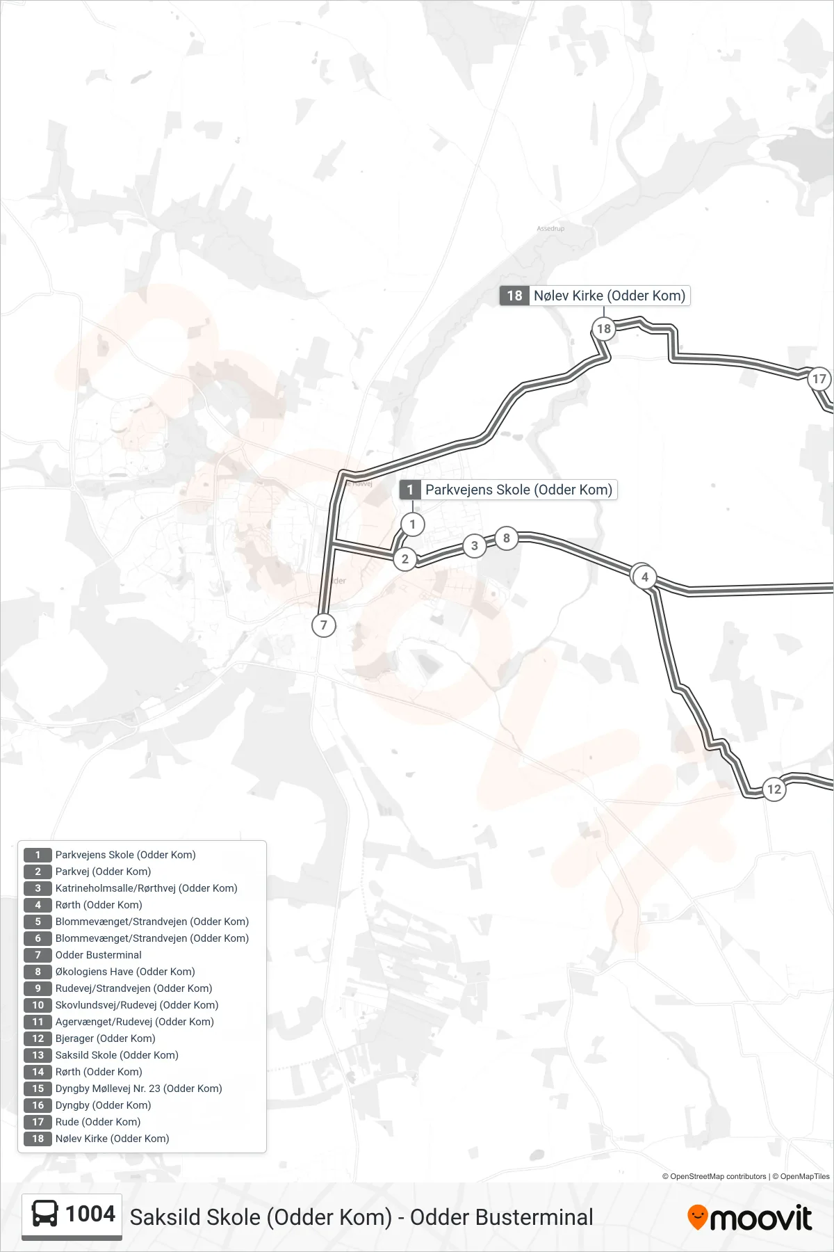 1004 bus Linje (Odder Busterminal) rute og stop på et kort