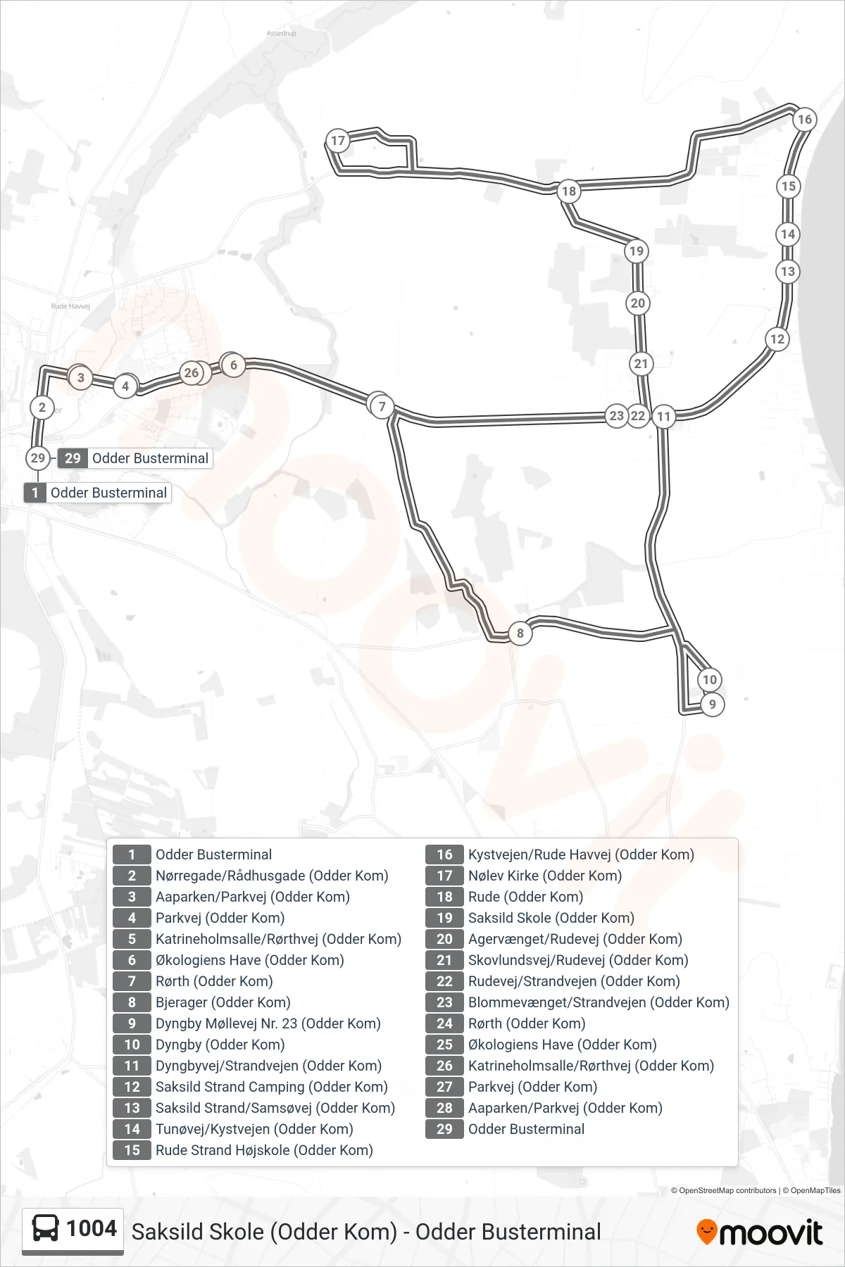 1004 bus Linje (Odder Busterminal) rute og stop på et kort
