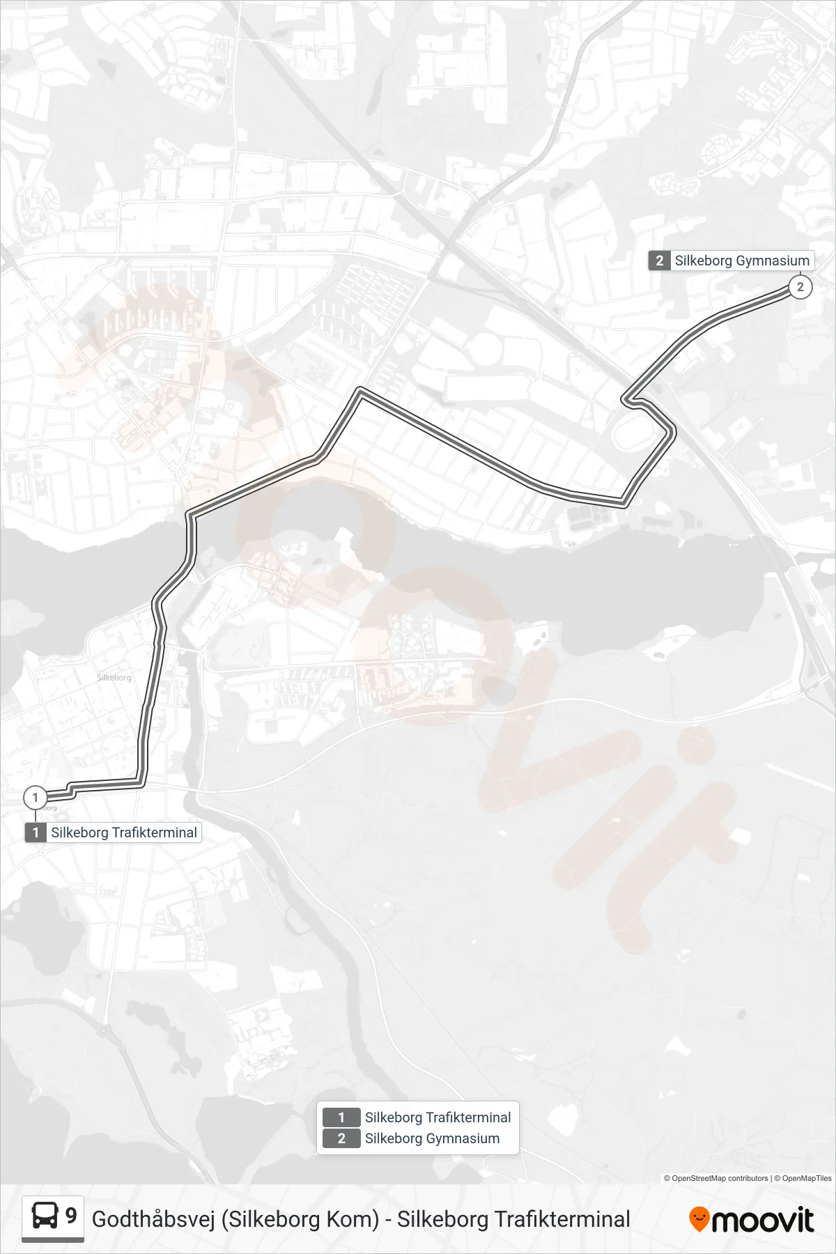 9 bus Linje (Silkeborg Gymnasium - Direkte) rute og stop på et kort