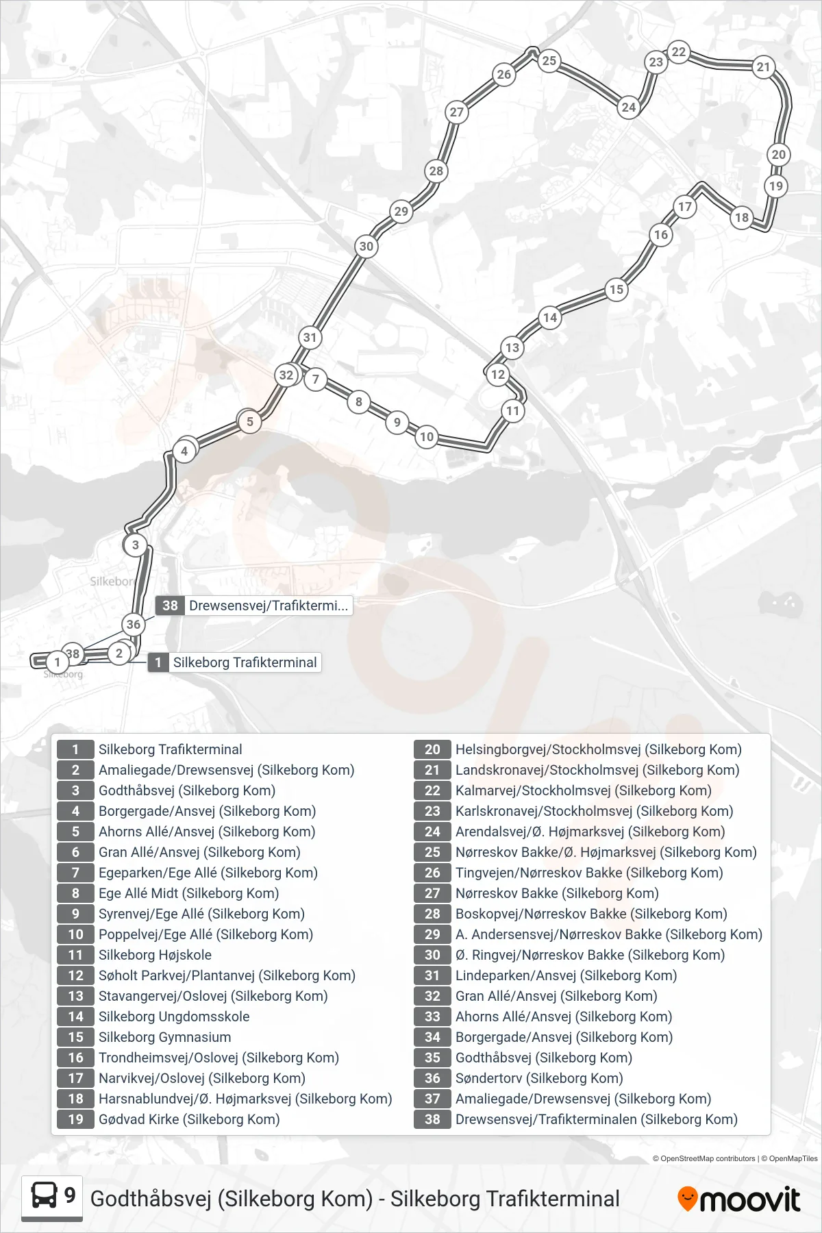 9 bus Linje (Silkeborg Trafikterminal) rute og stop på et kort