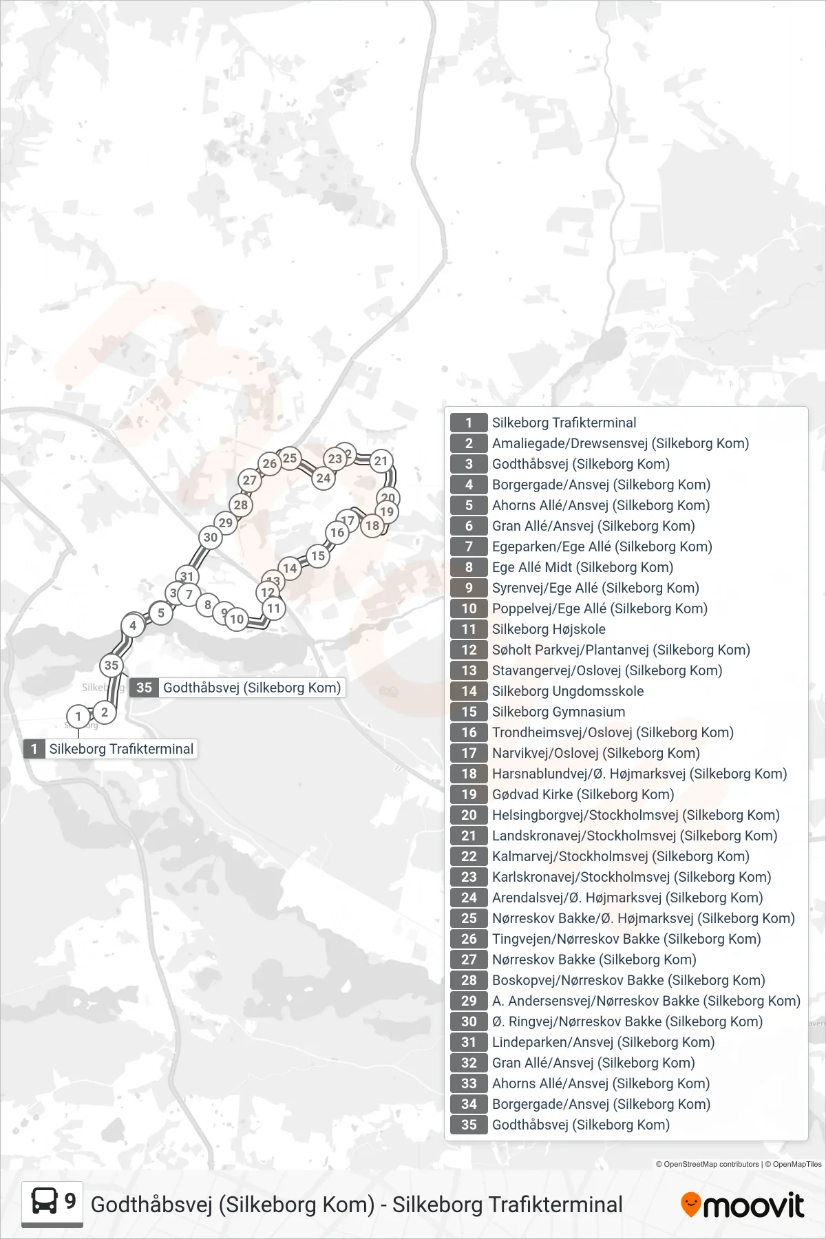 9 bus Linje (Godthåbsvej (Silkeborg Kom)) rute og stop på et kort