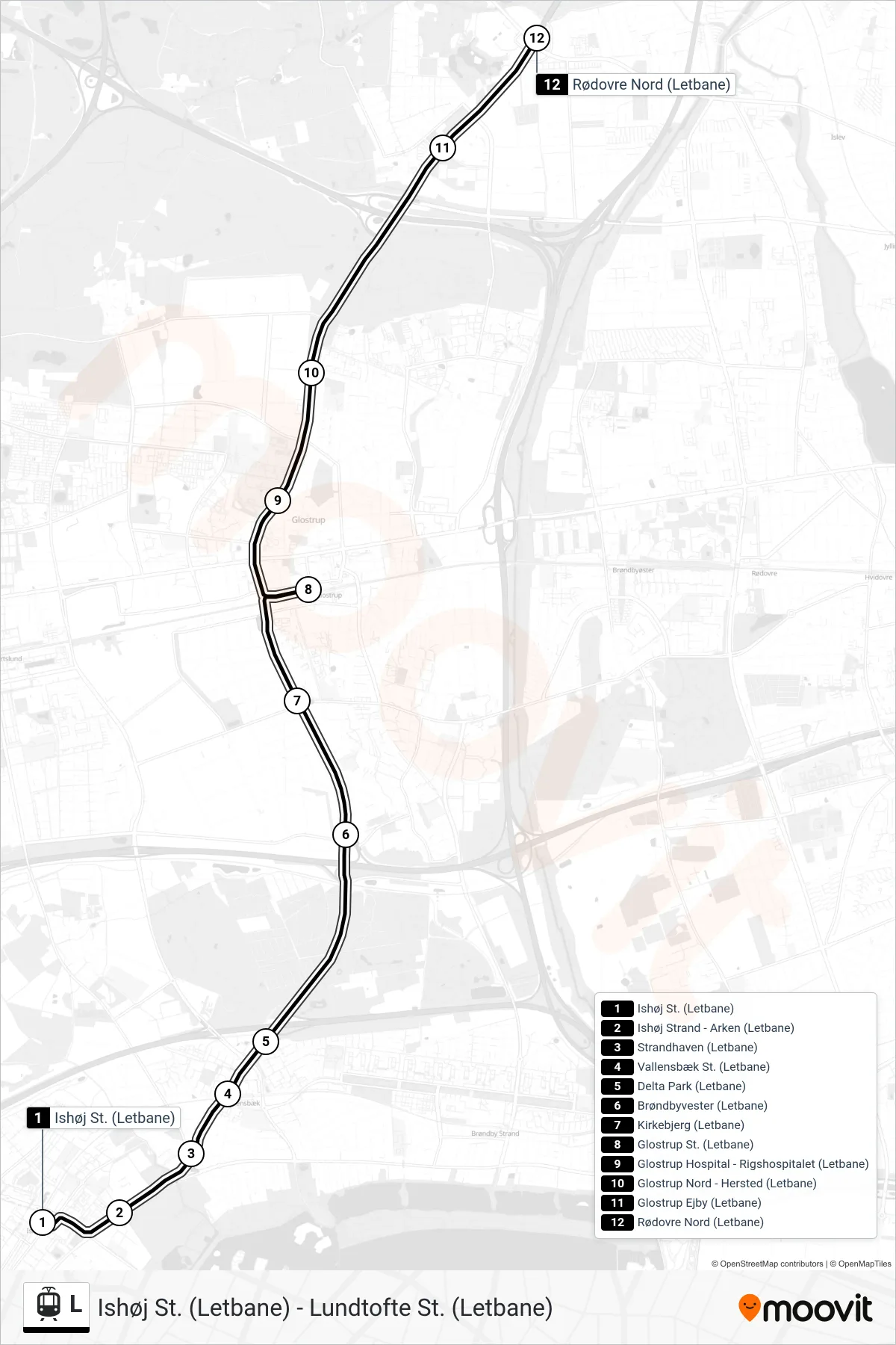 L bybane Linje (Rødovre Nord (Letbane)) rute og stop på et kort