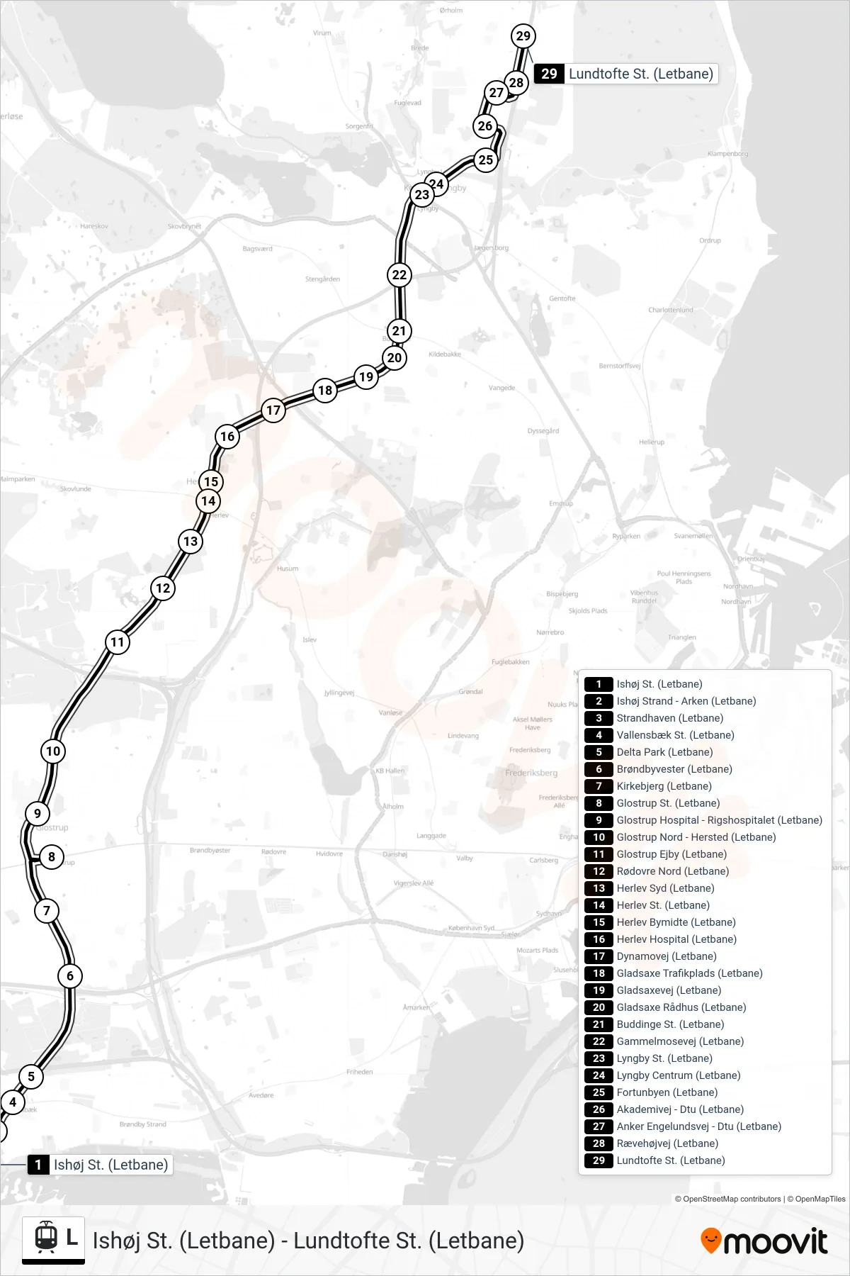 L bybane Linje (Lundtofte St. (Letbane)) rute og stop på et kort