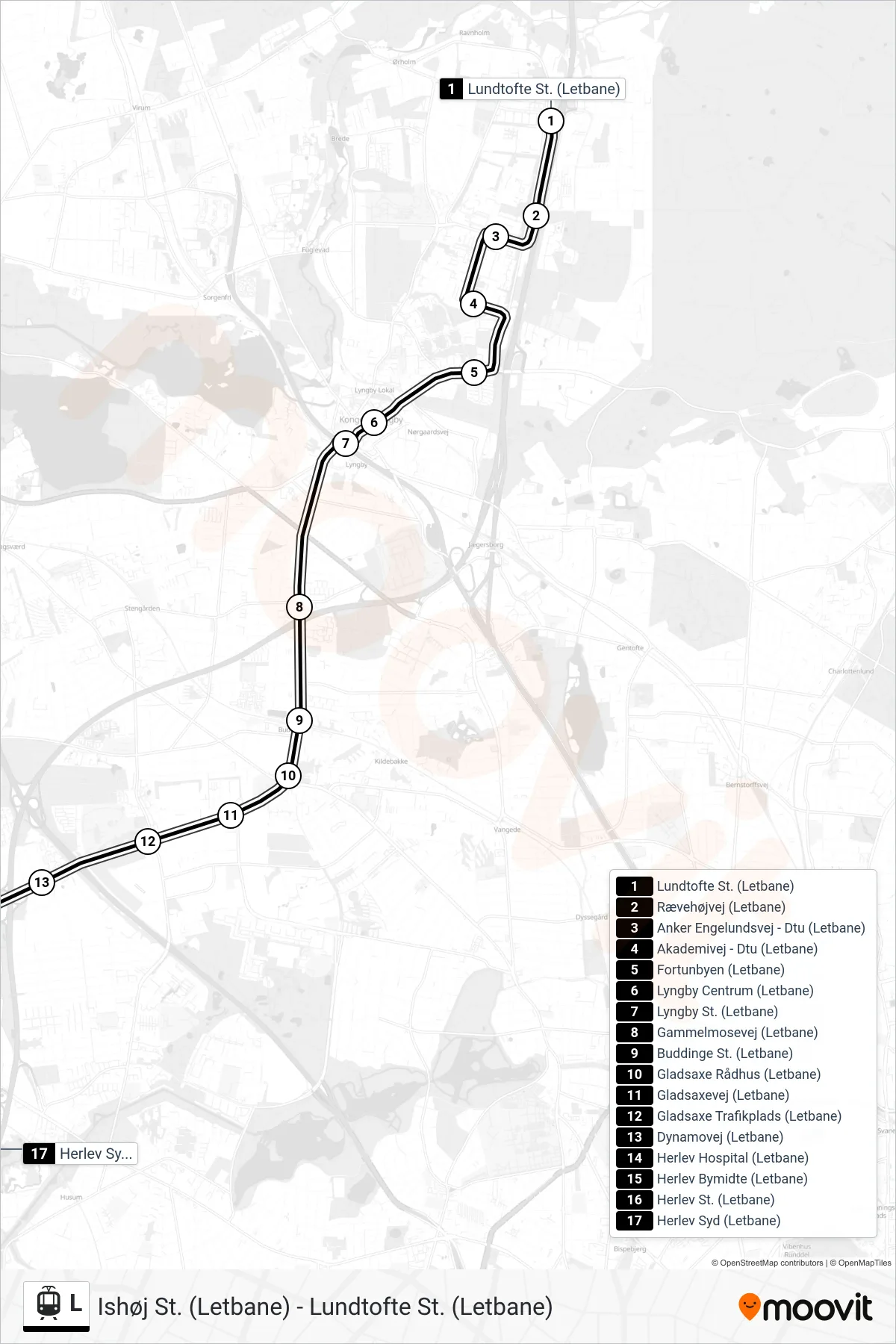 L bybane Linje (Herlev Syd (Letbane)) rute og stop på et kort