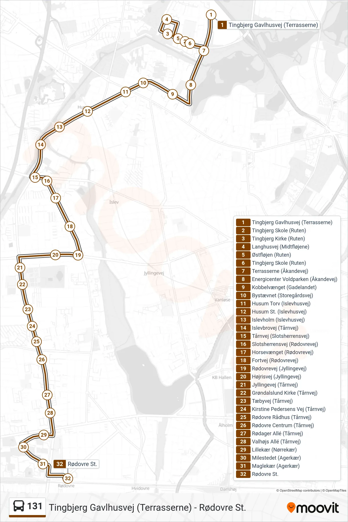 131 bus Linje (Rødovre St.) rute og stop på et kort